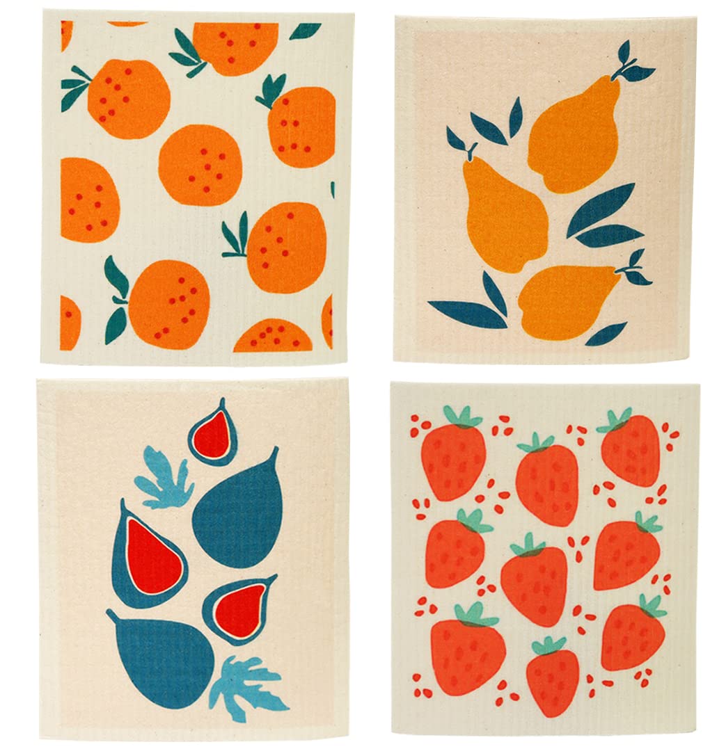 【送料無料】Longwu キッチンワイプ セルロース ふきん クロス 4枚 17x20cm オリジナルデザイン スポンジワイプ 天然繊維 吸水 速乾 ふきん キッチンクロス 色：いちご-4枚、サイズ：W20cm x D17cm