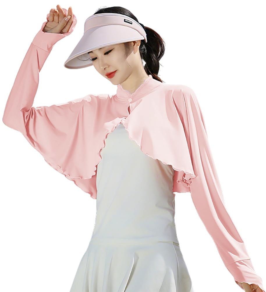 【送料無料】[Ekieta] UVカット99%★アイスシルク カーディガン レディース 夏 薄手 ボレロ 【日焼け防止・手の甲までカバー・接触冷感・吸汗速乾】 フリル 立ち襟 長袖 ひんやり 冷房対策 おしゃれ アウトドア 通勤 可愛い 色：ピンク、サイズ：Free Size