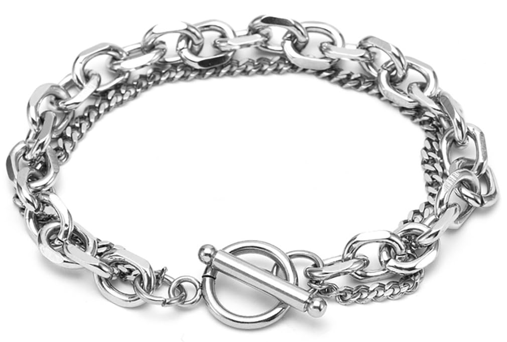 【送料無料】GEJ-Tech チェーン ブレスレット メンズ/レディース ステンレス シルバー ダブルチェーン 色:シルバー、サイズ:17cm