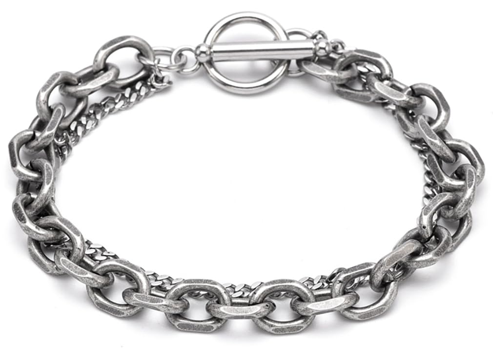 【送料無料】GEJ-Tech チェーン ブレスレット メンズ/レディース ステンレス シルバー ダブルチェーン 色:アンティークシルバー、サイズ:17cm