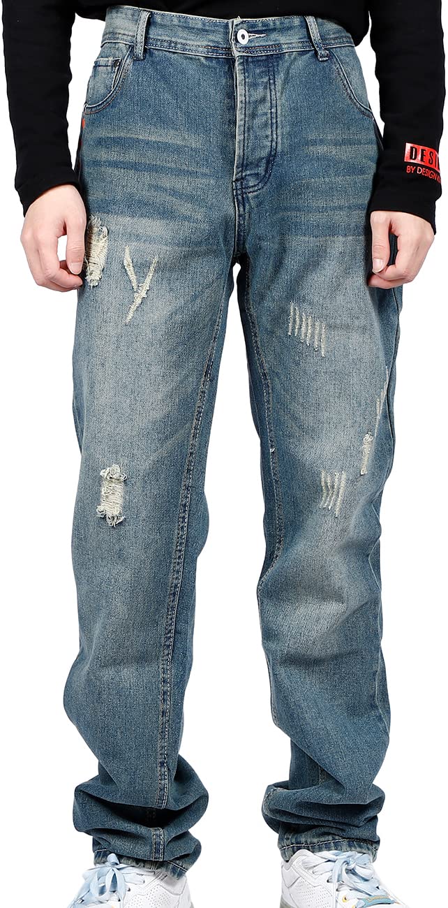 【送料無料】[Laquest] （ラクエスト） ストレート ダメージ ハイウエスト デニム パンツ メンズ ジーンズ 色：ブルー、サイズ：W72