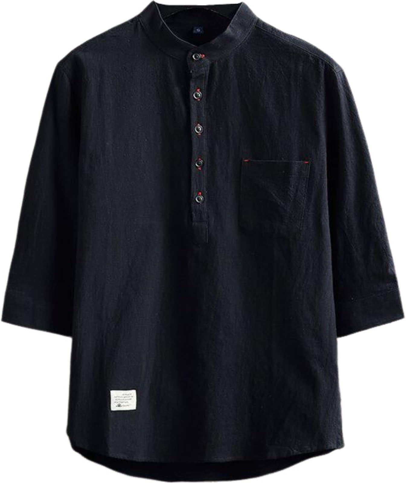 【送料無料】[aspersio] [アスペルシオ] バンドカラー 7分袖 無地シャツ カッコイイ フードなし プルオーバー トップス メンズ 色：ブラックサファイア、サイズ：S