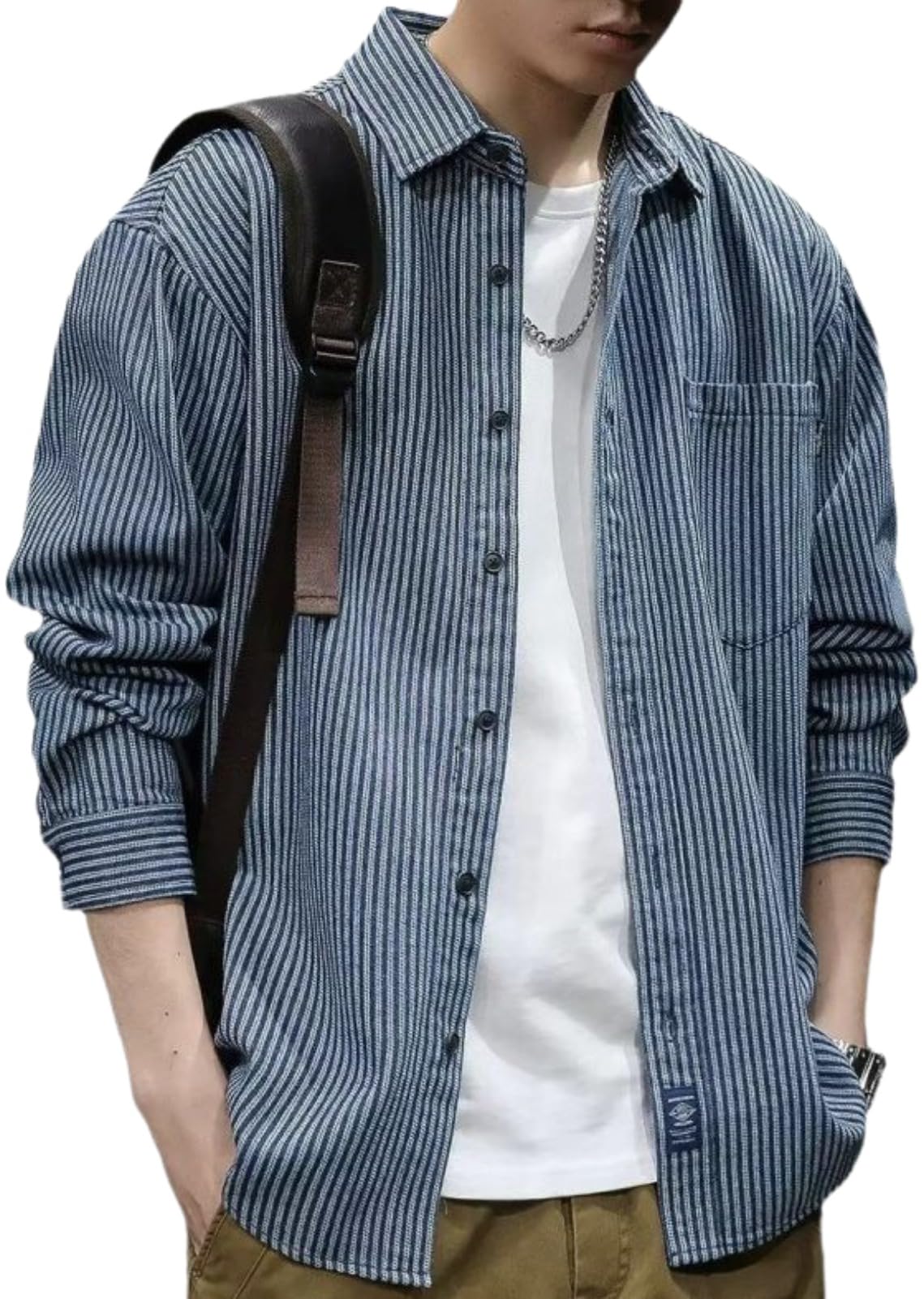 【送料無料】[aspersio] [アスペルシオ] 襟付き ストライプシャツ 長袖 シャツ ジャケット オシャレ 大人 トップス メンズ 色：ブルーストライプ、サイズ：XL