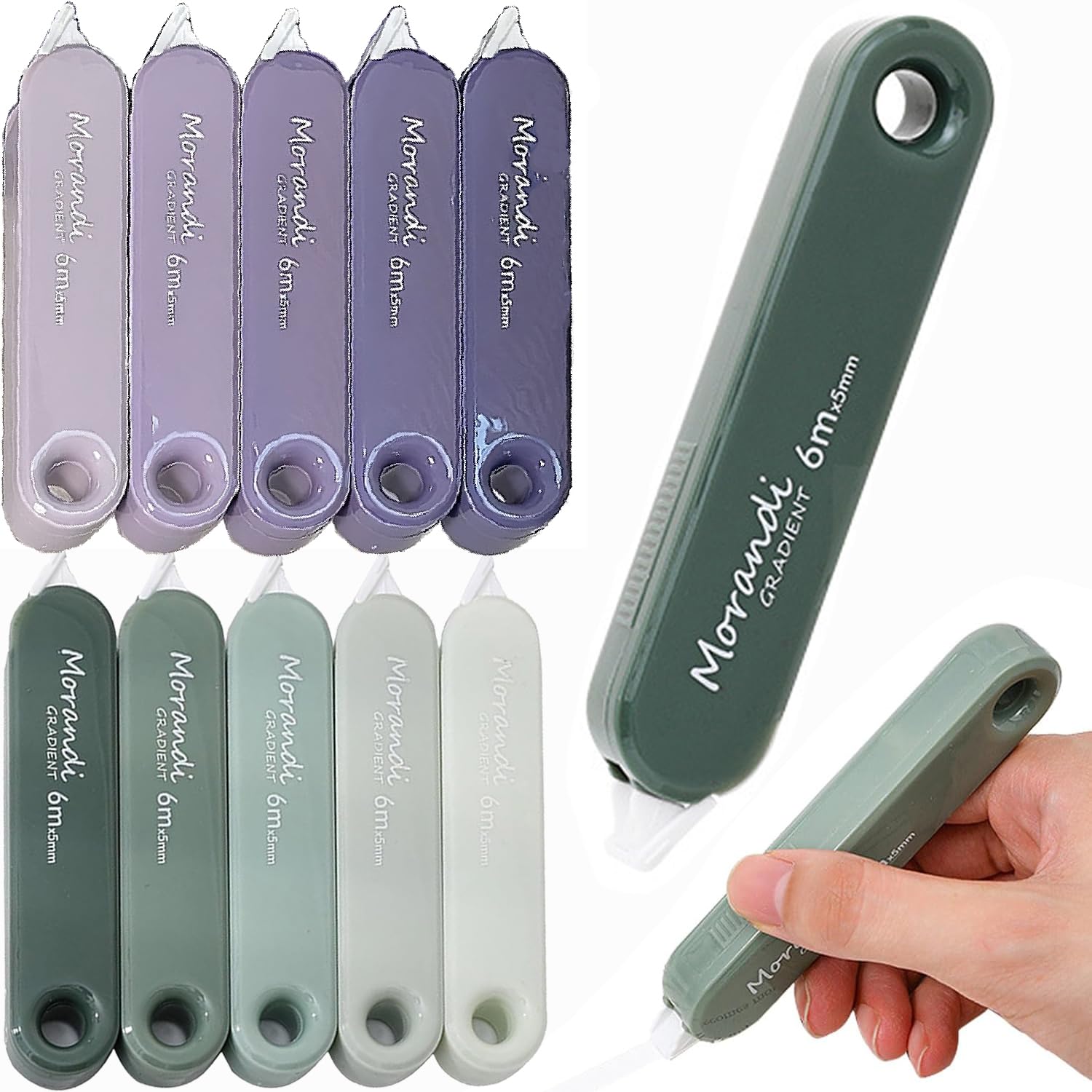 【送料無料】修正テープ 50メートル 10パックカラー，BetterJonny 修正テープ 大容量 ホワイパープチ6mm PETテープコア パック 修正ペン 修正用品 使いやすい 携帯便利 大容量 文房具 学生用品 (5mx6mm) 色：グリーン+パープル