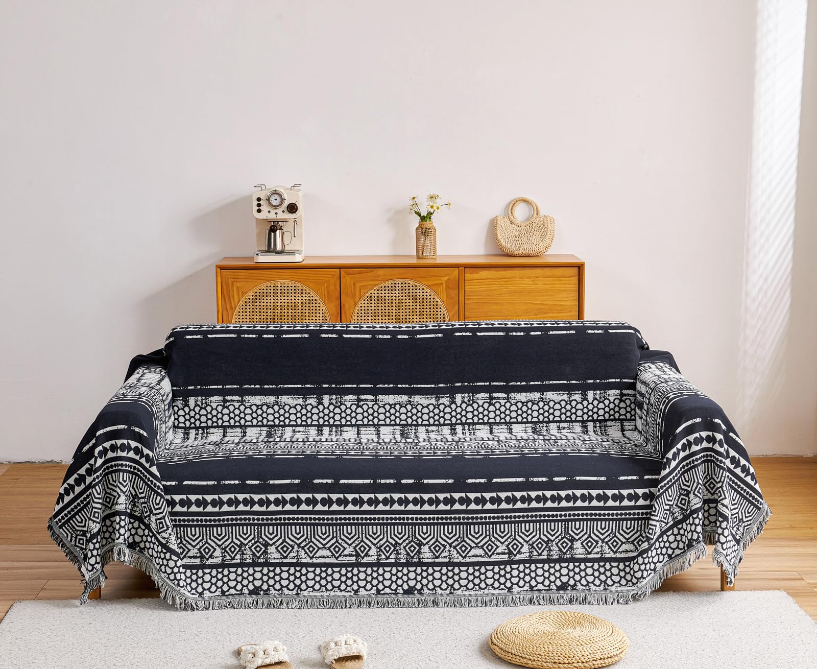 【送料無料】TMVOK マルチカバー 北欧風 ソファカバー おしゃれ 長方形 ブランケット フリンジ付き 綿 2人掛け 3人掛け 4人掛け ソファーかばー カウチ テーブルクロス リバーシブル 犬猫傷 防止 汚れ防止 四季通用 大判 洗える 色：幾何系-B、サイズ：180*300cm/3人掛け