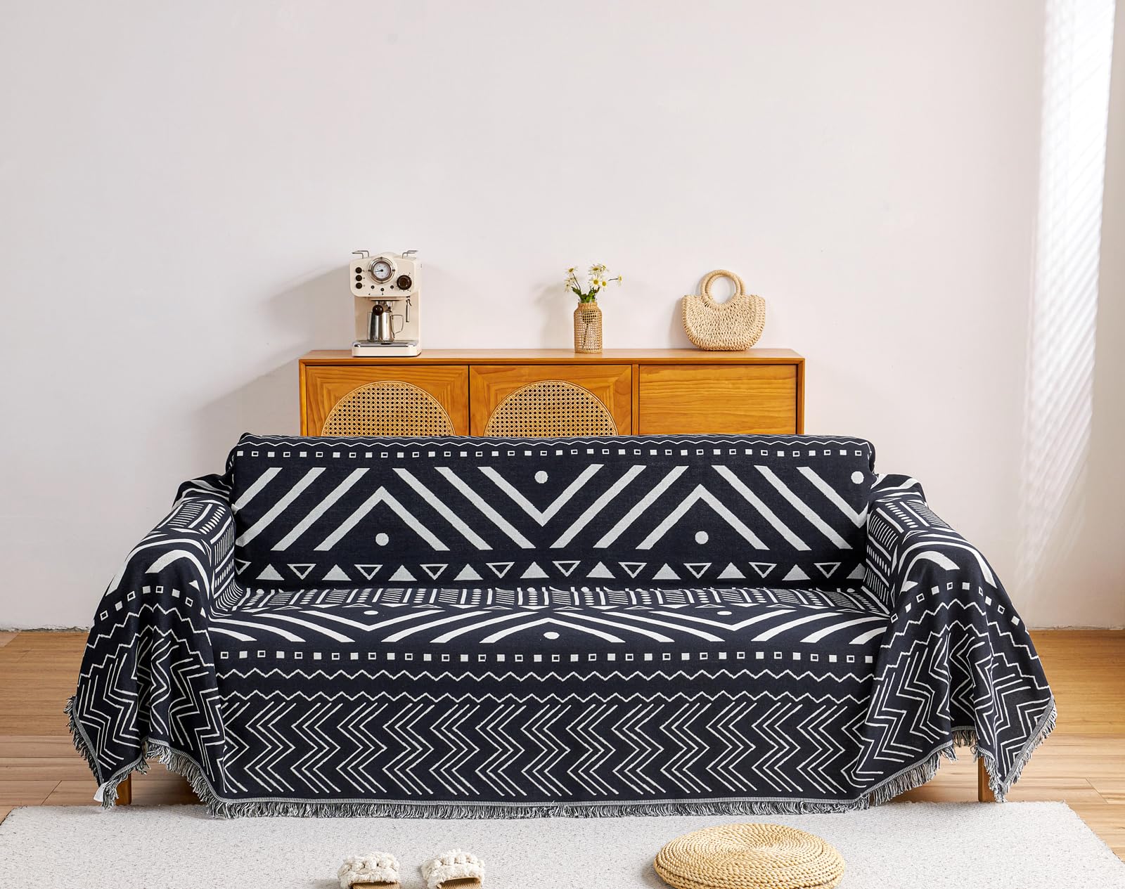 【送料無料】TMVOK マルチカバー 北欧風 ソファカバー おしゃれ 長方形 ブランケット フリンジ付き 綿 2人掛け 3人掛け 4人掛け ソファーかばー カウチ テーブルクロス リバーシブル 犬猫傷 防止 汚れ防止 四季通用 大判 洗え 色：幾何系-C、サイズ：130*180cm/1~2人掛け