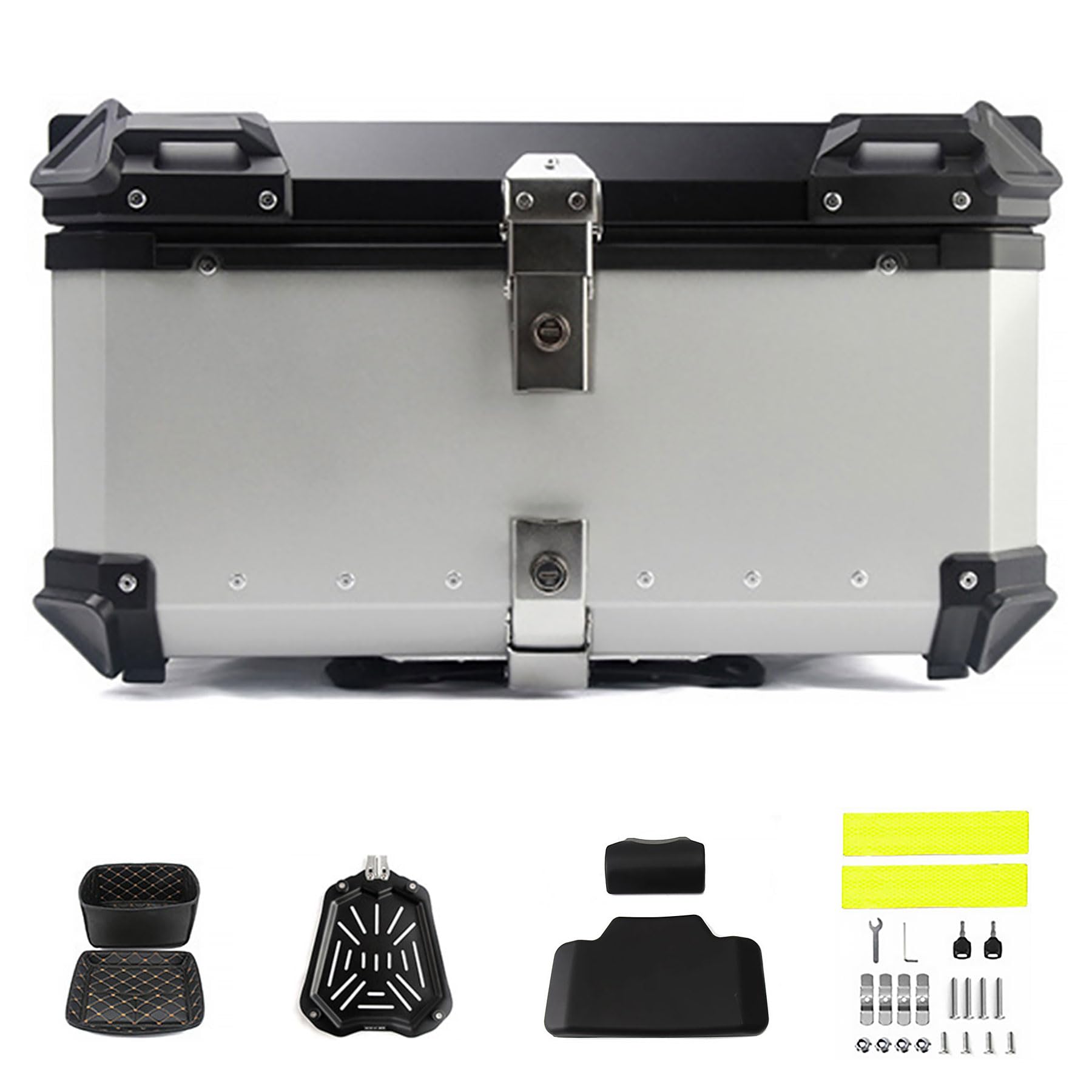 【送料無料】DODOGOD リアボックス トップケース バイク用リアボックス 四角 アルミ 大容量 防水 防塵 軽量 キーロック可能 簡単脱着 取付ベース付 防犯対策 キャンプ/通勤/旅行/デリバリーなど対応 色：シルバー、サイズ：65L