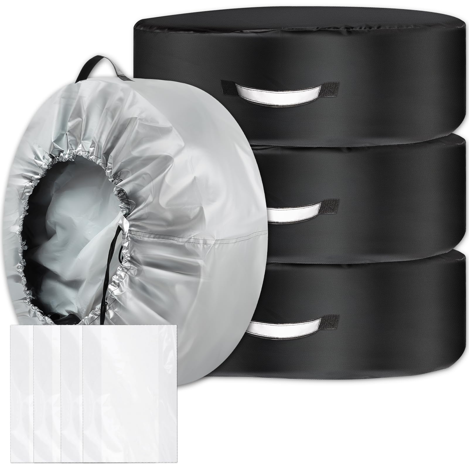 【送料無料】SUPTEMPO タイヤカバー 4本 屋外 防水 420D タイヤ袋 4枚付き 両面利用可能 タイヤ収納 夜間反射 取手付き 紫外線カット 劣化 汚れ防止 厚手 タイヤトート タイヤ保管カバー 色：タイヤ袋付き、サイズ：L(80*40cm)