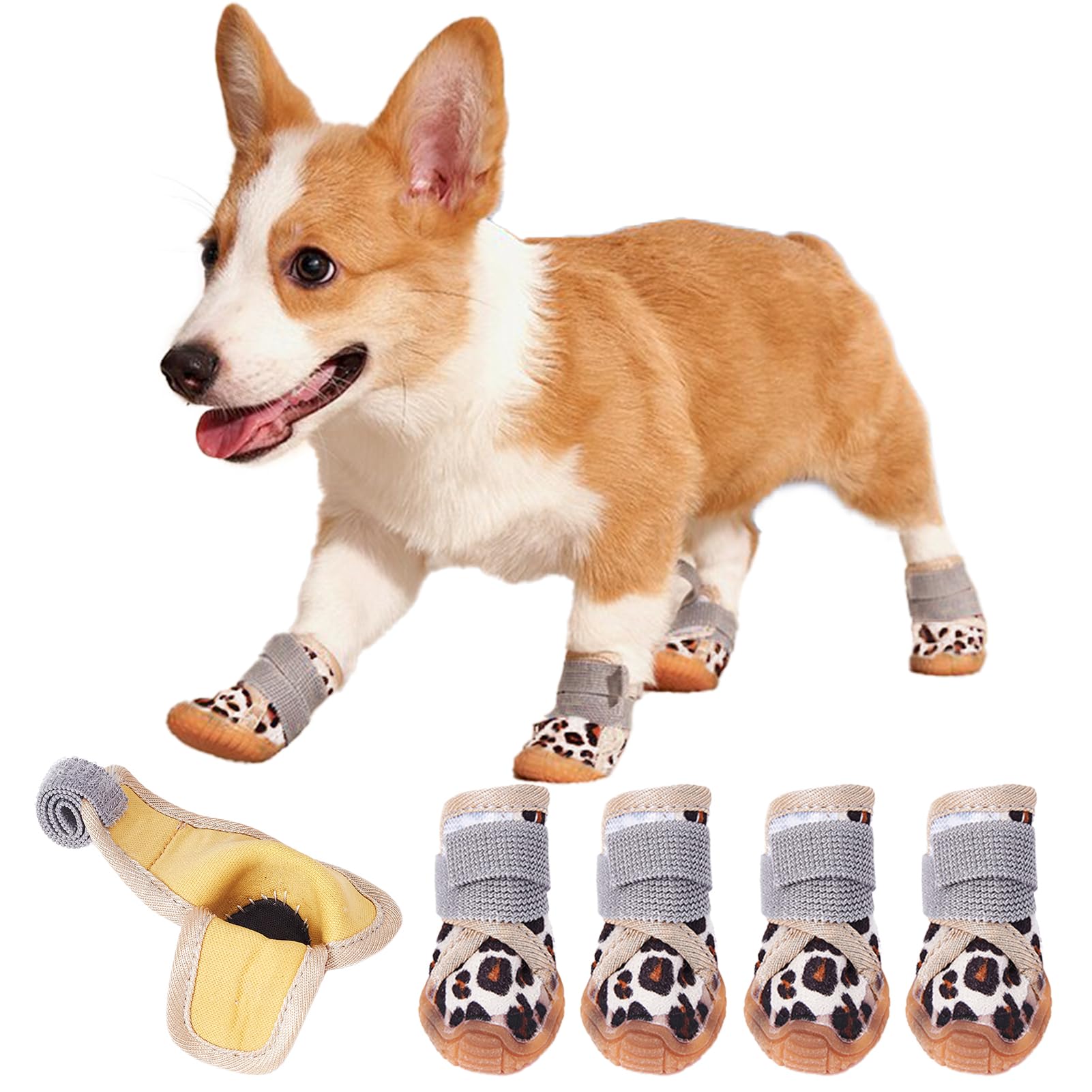 【送料無料】KUVEELA PET 犬用靴 犬用シューズ 雨用ブーツ レインシューズ 肉球保護 滑り止め 汚れ防止 通気性 お出かけ お散歩 4個セット 色：（防水型）ヒョウ柄、サイズ：3#