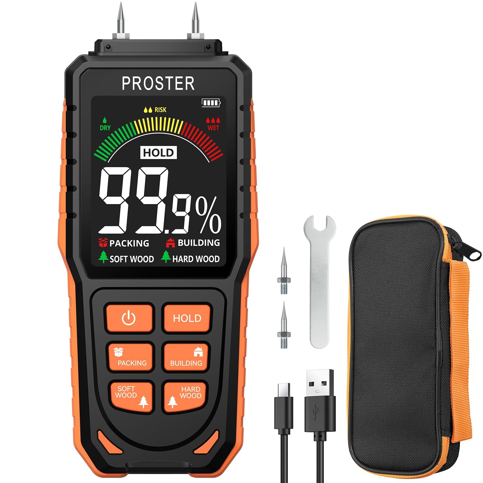 【送料無料】Proster 木材水分計 ピン式水分計 木材/包装材/建材用測定器 4つの測定モード 充電可能 大..