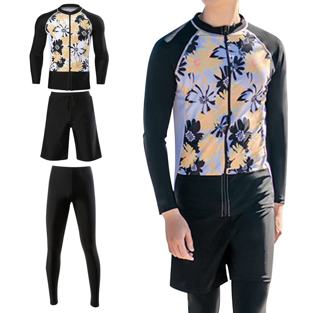 【送料無料】[IWEMEK] ラッシュガード メンズ 水着 3点セット 上下 フィットネス水着 競泳水着 サーフパンツ 長袖 レギンス UVカット 水泳 プール 海 水陸両用 吸汗速乾 色：スタイル 1、サイズ：2XL