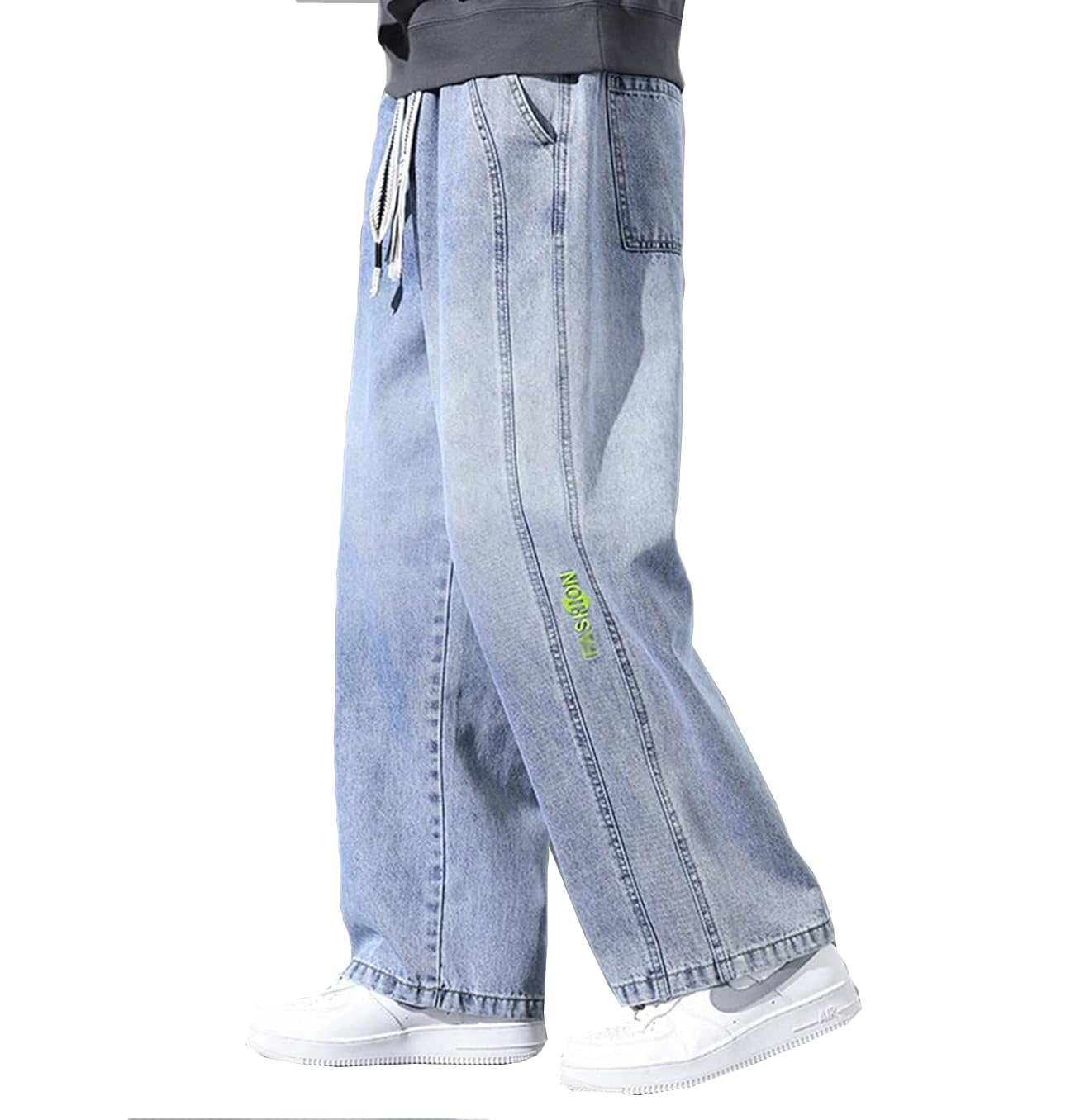 【送料無料】[inotenka] M-5XL ジーンズ メンズ ワイドデニム パンツ バギーパンツ ジーパンンツワイド 紐調整 大きいサイズ ゆったり カジュアル ズボン 色：ブルー、サイズ：2XL