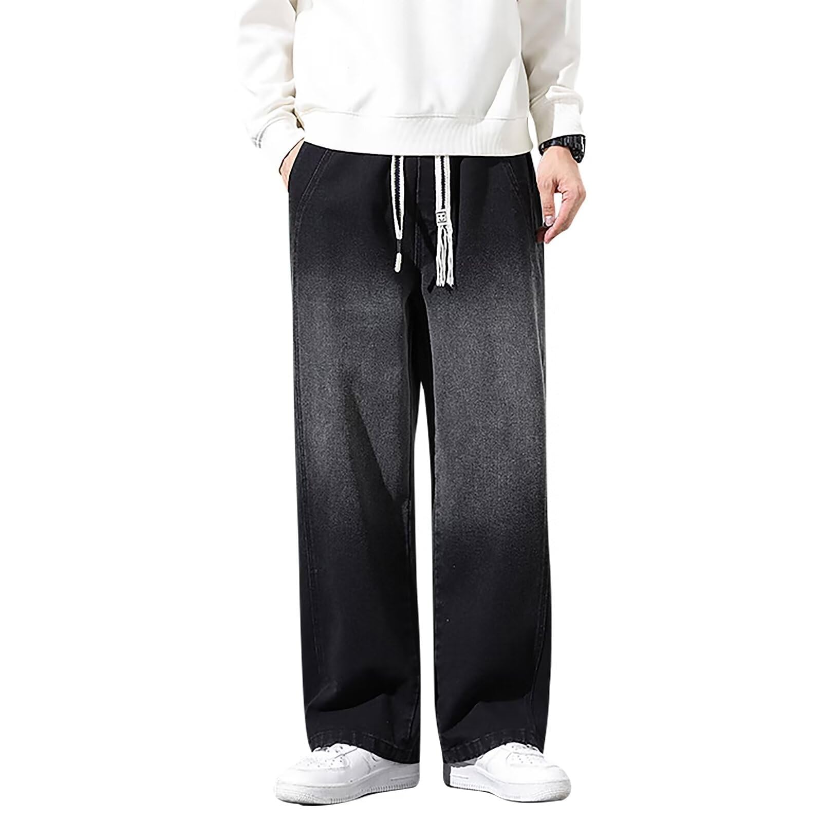 【送料無料】[inotenka] M-5XL ジーンズ メンズ ワイドデニム パンツ バギーパンツ ジーパンンツワイド 紐調整 大きいサイズ ゆったり カジュアル ズボン 色：ブラック、サイズ：XL