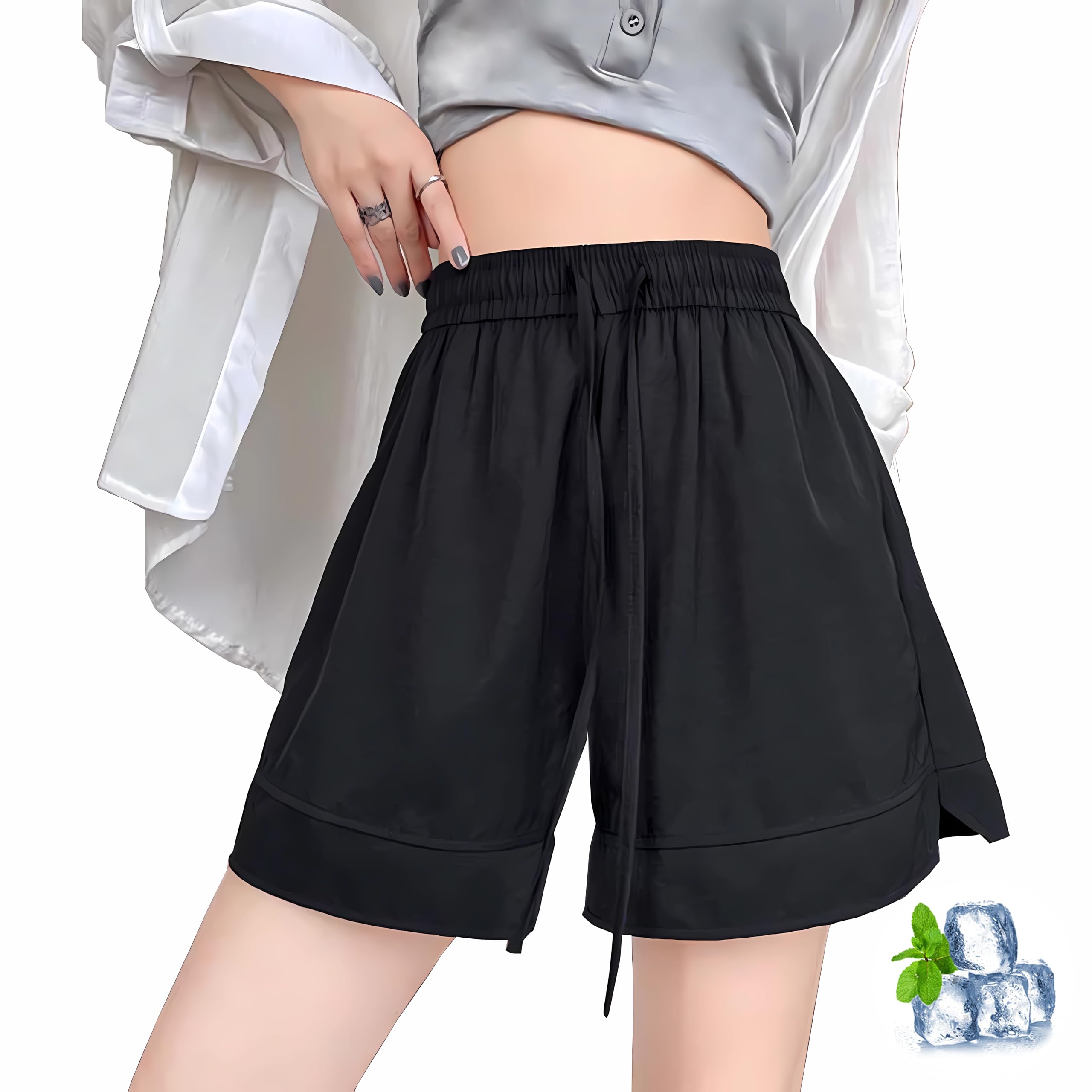 【送料無料】[inotenka] ショートパンツ レディース 夏 薄手 接触冷感 五分ズボン 短パン ゴムウエスト ゆったり 無地 カジュアル 涼しい S-XL 色：ブラック、サイズ：XL