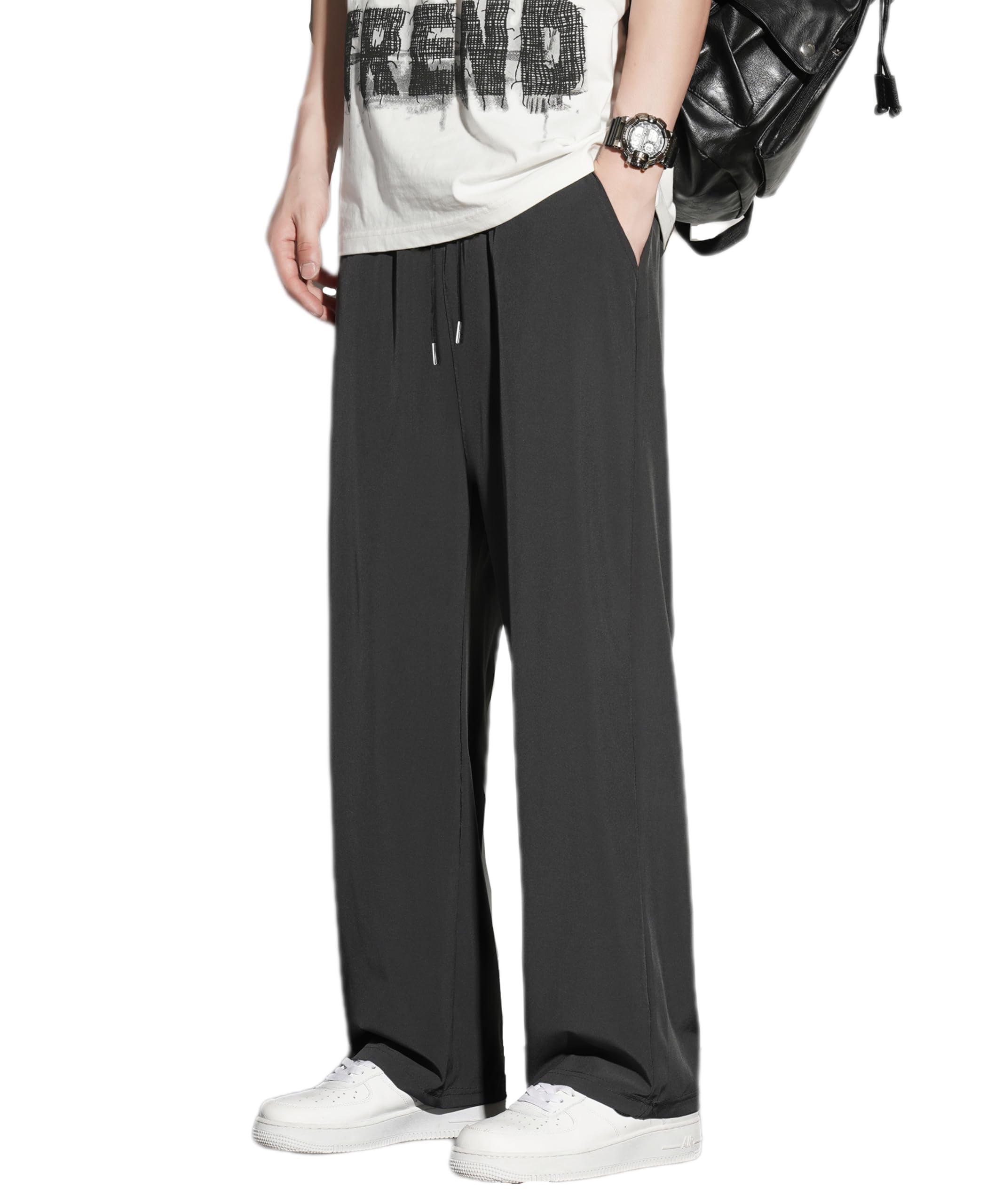 【送料無料】[hxsonw] ズボン メンズ ロングパンツ 涼しい 夏服 ゆったり ストレッチ 速乾 ストレートパンツ カジュアル 薄手 軽量 接触冷感 大きいサイズ トラウザーズ アイスシルクパンツ 夏 色：ダークグレー、サイズ：4XL(4)