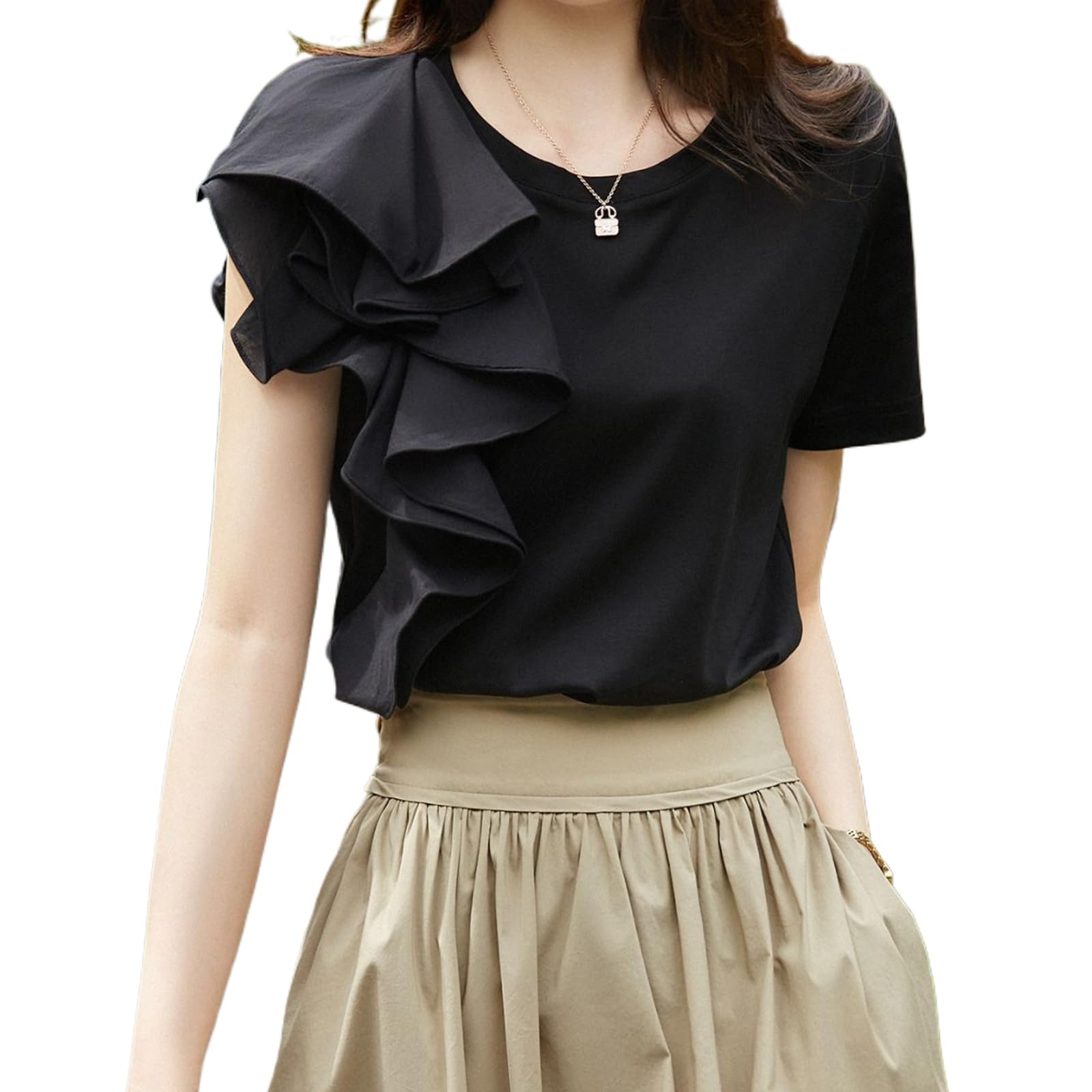 【送料無料】[HuuMeNEIDOO] tシャツ レディース 半袖 ティーシャツ アシンメトリー フリル袖 異素材 切..