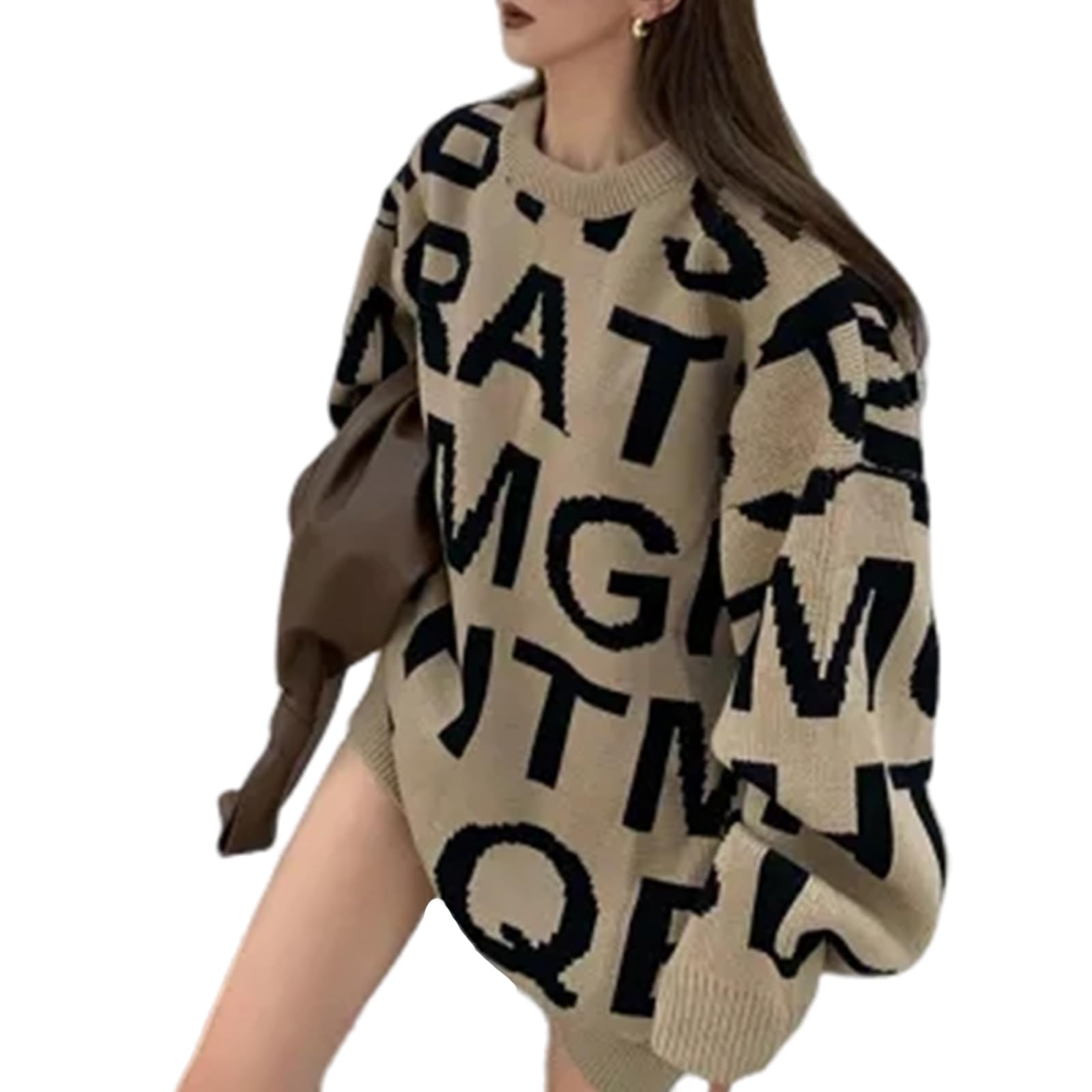【送料無料】[HuuMeNEIDOO] ニット レディース 長袖 セーター 英字 カットソー トップス 丸首 ゆったり 大きいサイズ 体型カバー おしゃれ プルオーバー 着痩せ 暖か 通勤 春 秋 冬 色：キャメル、サイズ：Free Size