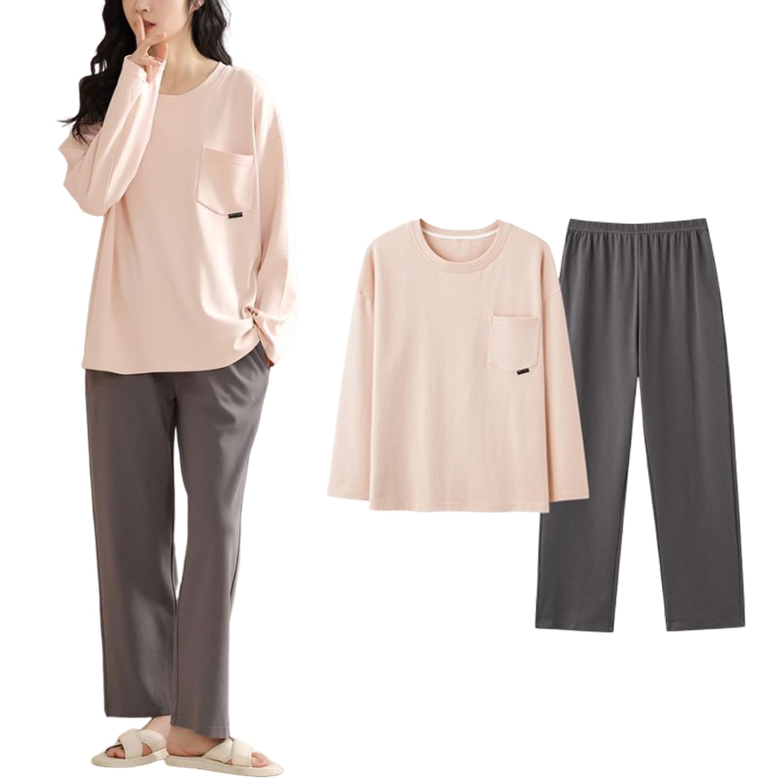 【送料無料】[HuuMeNEIDOO] パジャマ レディース 長袖 ルームウェア 上下セット 2点セット 部屋着 寝巻き クルーネック トップス ウエストマーク パンツ セットアップ 可愛い 柔らか 春 夏 秋 冬 色：アプリコット、サイズ：L