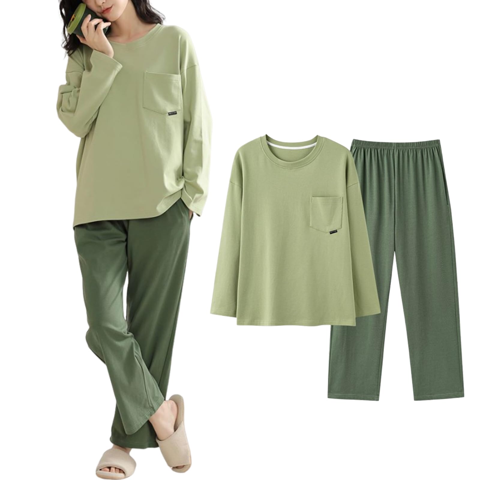 【送料無料】[HuuMeNEIDOO] パジャマ レディース 長袖 ルームウェア 上下セット 2点セット 部屋着 寝巻き クルーネック トップス ウエストマーク パンツ セットアップ 可愛い 柔らか 春 夏 秋 冬 色：グリーン、サイズ：L