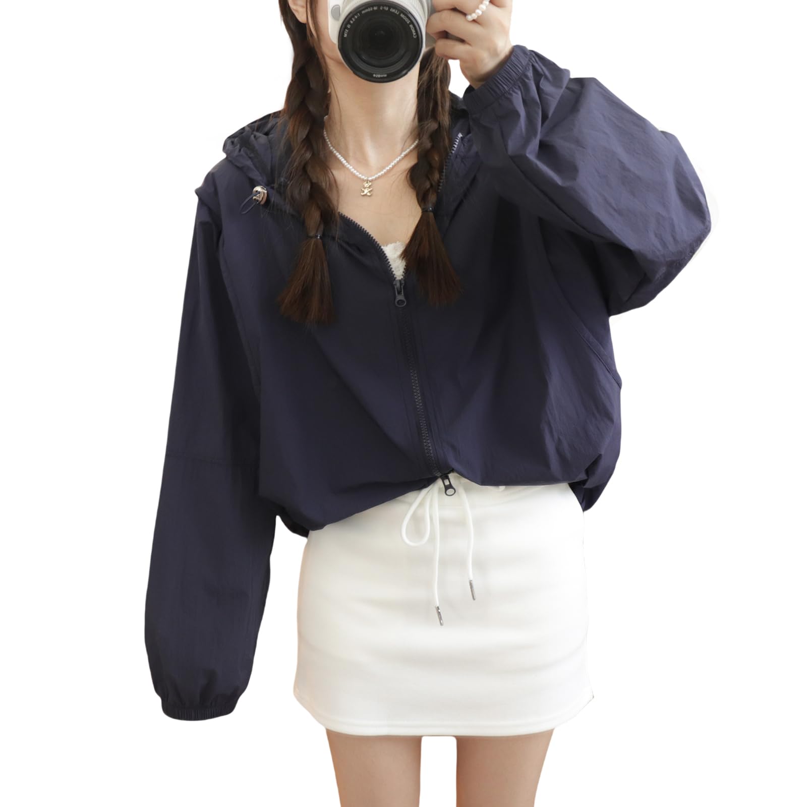 【送料無料】[HuuMeNEIDOO] uvカット パーカー レディース カーディガン 長袖 日焼け止め服 フード付き ドルマンスリーブ トップス 薄手 ゆったり 体型カバー 無地 透け感 UV対策 紫外線対策 通勤 日常 春 夏 秋 色：ネイビー、サイズ：Free Size