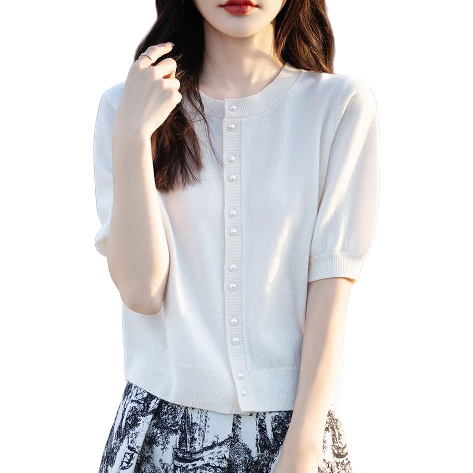 【送料無料】[HuuMeNEIDOO] カーディガン レディース 半袖 サマーニット パール アウター 丸首 トップ..