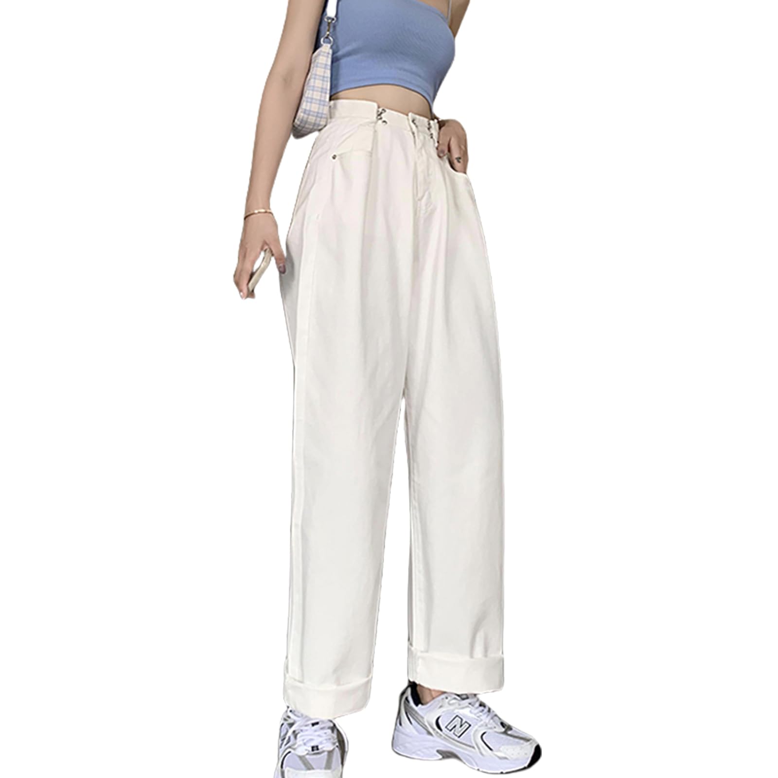 【送料無料】[HuuMeNEIDOO] デニム ワイドパンツ レディース ジーンズ ロングパンツ ハイウエスト ストレートパンツ ゆったり 体型カバー ボトムス カジュアル おしゃれ 無地 美脚 普段着 通勤 春 夏 色：ホワイト、サイズ：XL