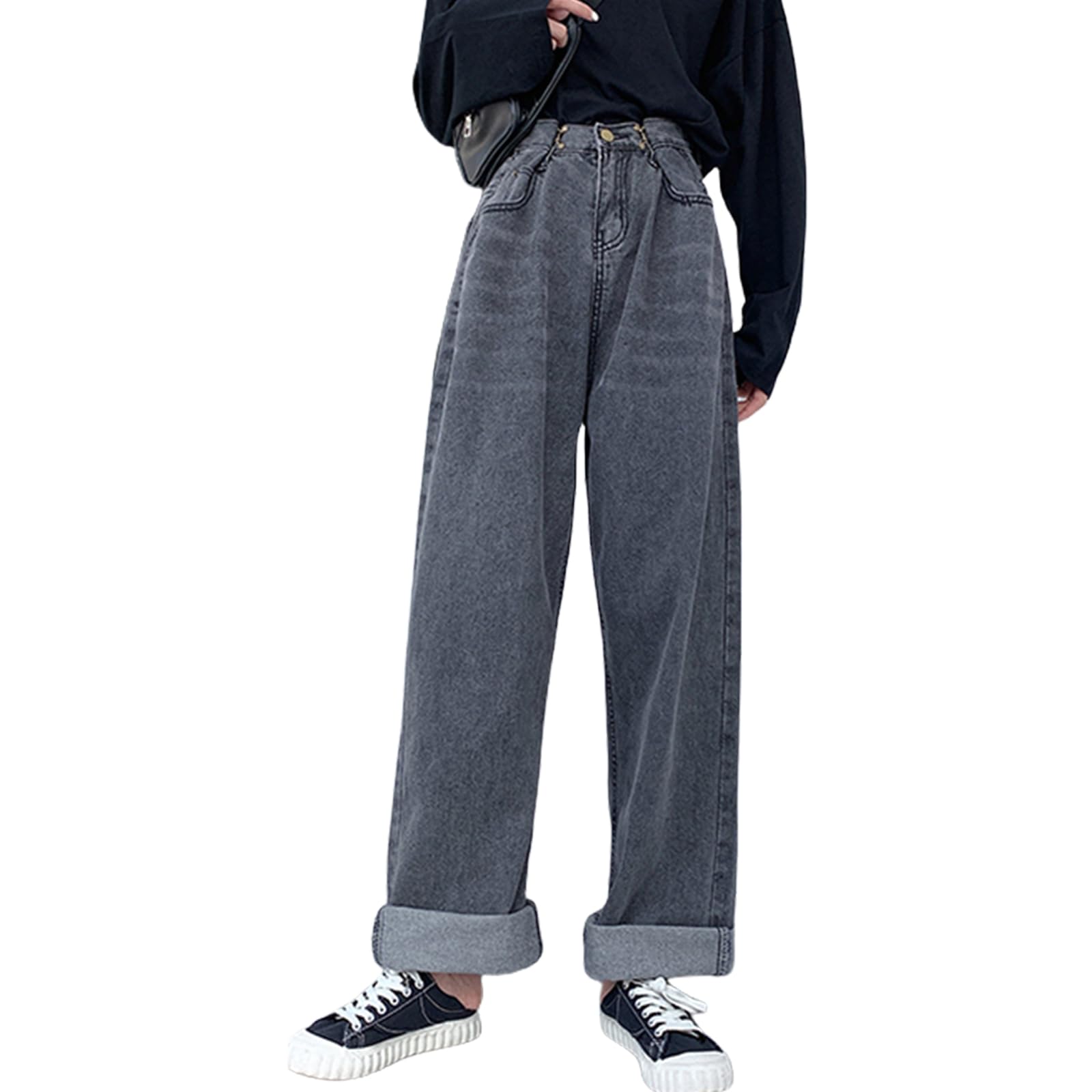 【送料無料】[HuuMeNEIDOO] デニム ワイドパンツ レディース ジーンズ ロングパンツ ハイウエスト ストレートパンツ ゆったり 体型カバー ボトムス カジュアル おしゃれ 無地 美脚 普段着 通勤 春 夏 色：グレー、サイズ：M