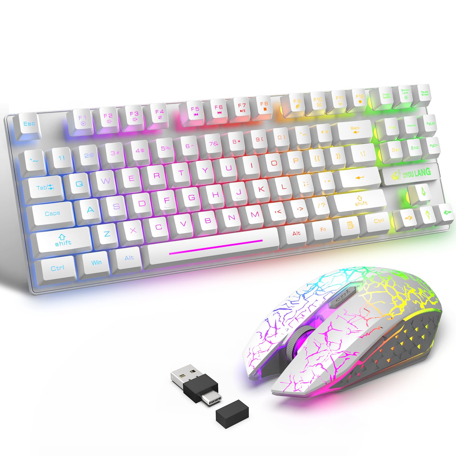 【送料無料】MAMBASNAKE×ZIYOU LANG T87 80% 3in1 無線キーボードマウスセット 2.4Gワイヤレスキーボート usb-a type-c 2in1レシーバー レインボーバックライト 87キー コンパクト 充電式 英語配列 800/1600/2400DPI 静音 LED呼吸ライト 多ボタン 人間工学 色：ホワイト(2.0)