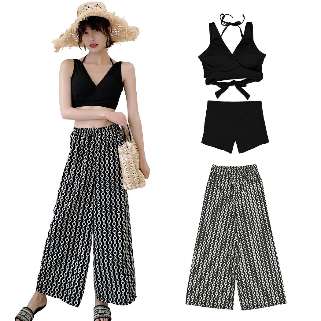 【送料無料】 水着 レディース 体型カバー タンキニ Vネック ビキニ ワイドパンツ 3点セット hys2318 色：ブラック×チェーン、サイズ：L