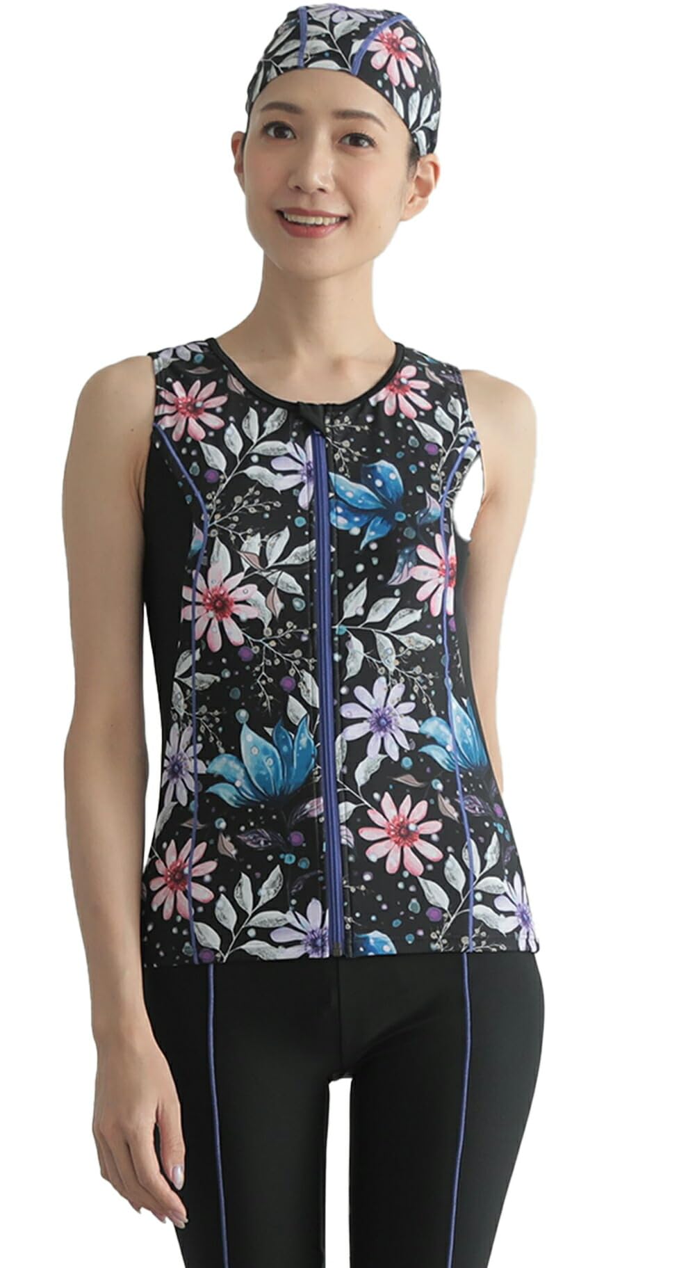 【送料無料】 フィットネス水着 レディース プリント柄 袖なし セパレート キャップ付き 2025 FT-2062 ..