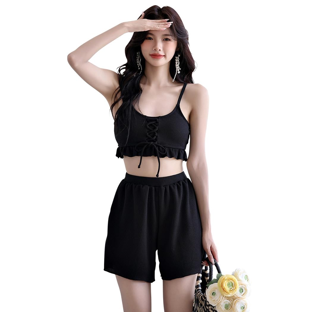 【送料無料】 水着 レディース ビキニ キャミソール風 フリルヘム レースアップ ショートパンツ 3点セット hys2995 色：ブラック、サイズ：L