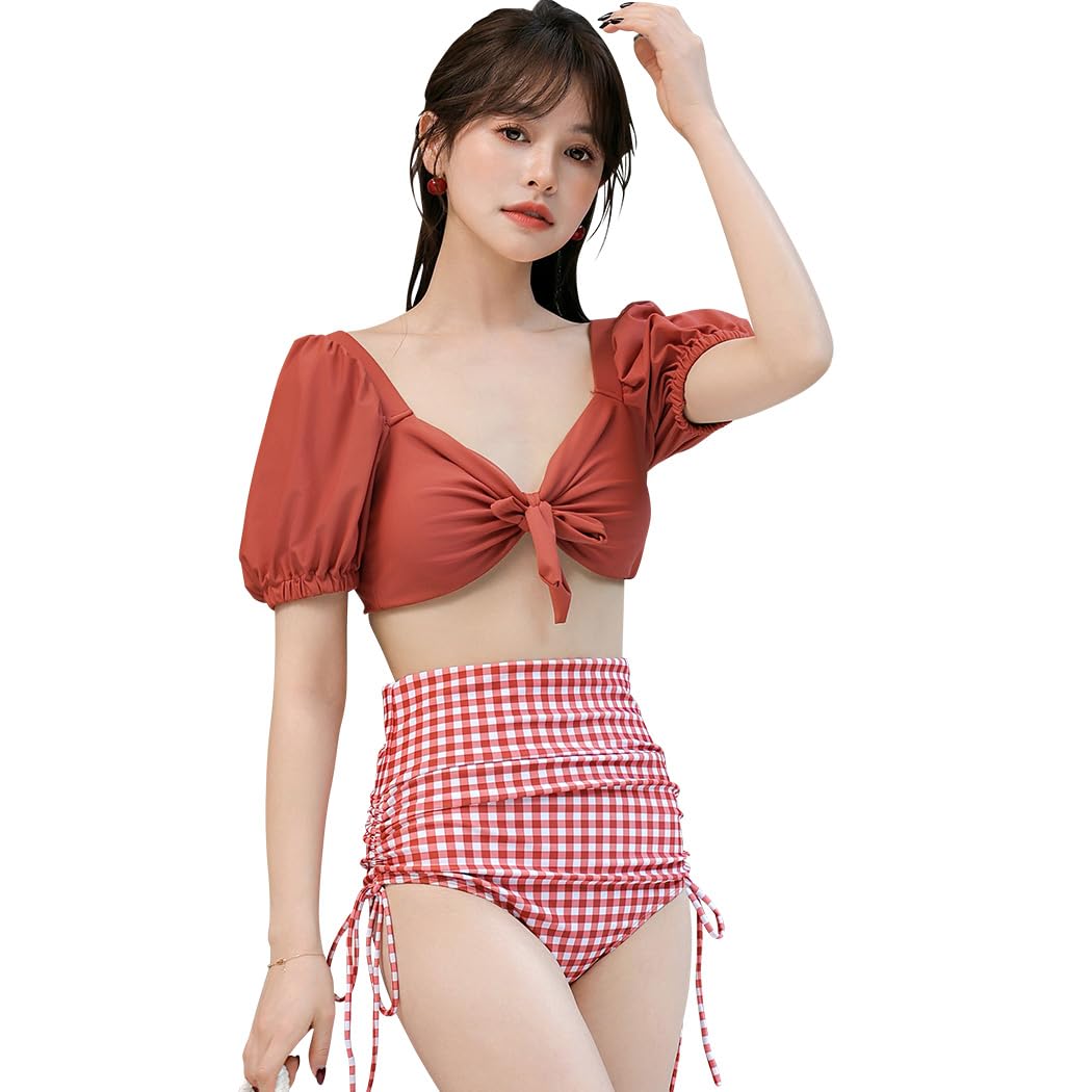 【送料無料】 ビキニ 水着 レディース 2点セット パフスリーブ ハイウエスト バックリボン ギャザー 上下別柄 hys3209 色：レッド、サイズ：S