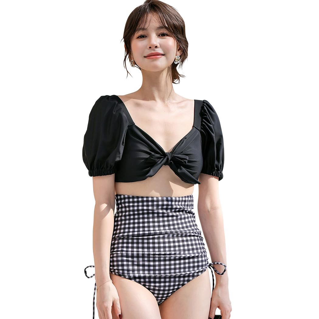 【送料無料】 ビキニ 水着 レディース 2点セット パフスリーブ ハイウエスト バックリボン ギャザー 上下別柄 hys3209 色：ブラック、サイズ：L