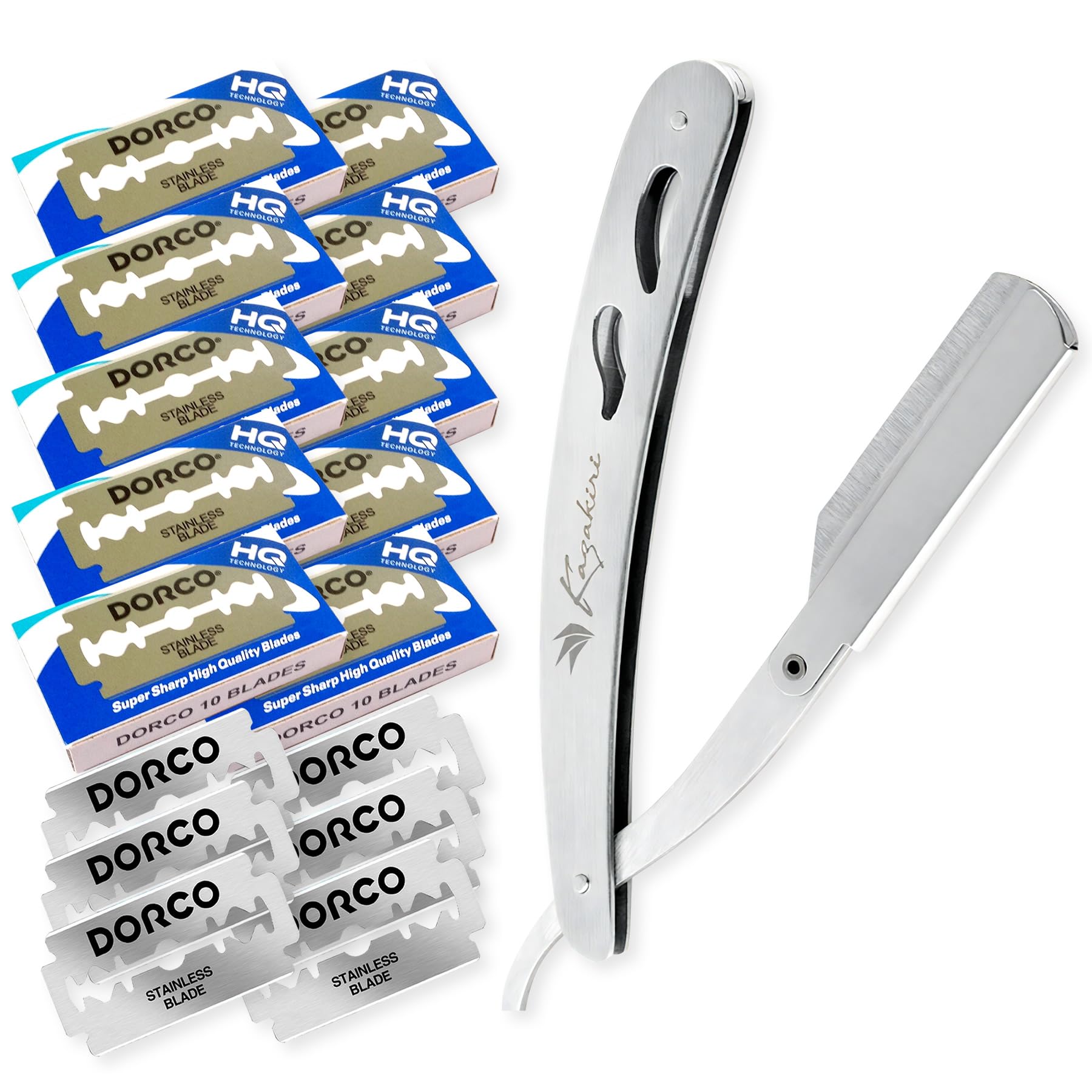 【送料無料】Kazakiri 感動深剃り カミソリ 【プロ理容師が監修】 髭剃り 顔剃り 替刃付き メンズ レディース 西洋剃刀 カザキリ 色：シルバー