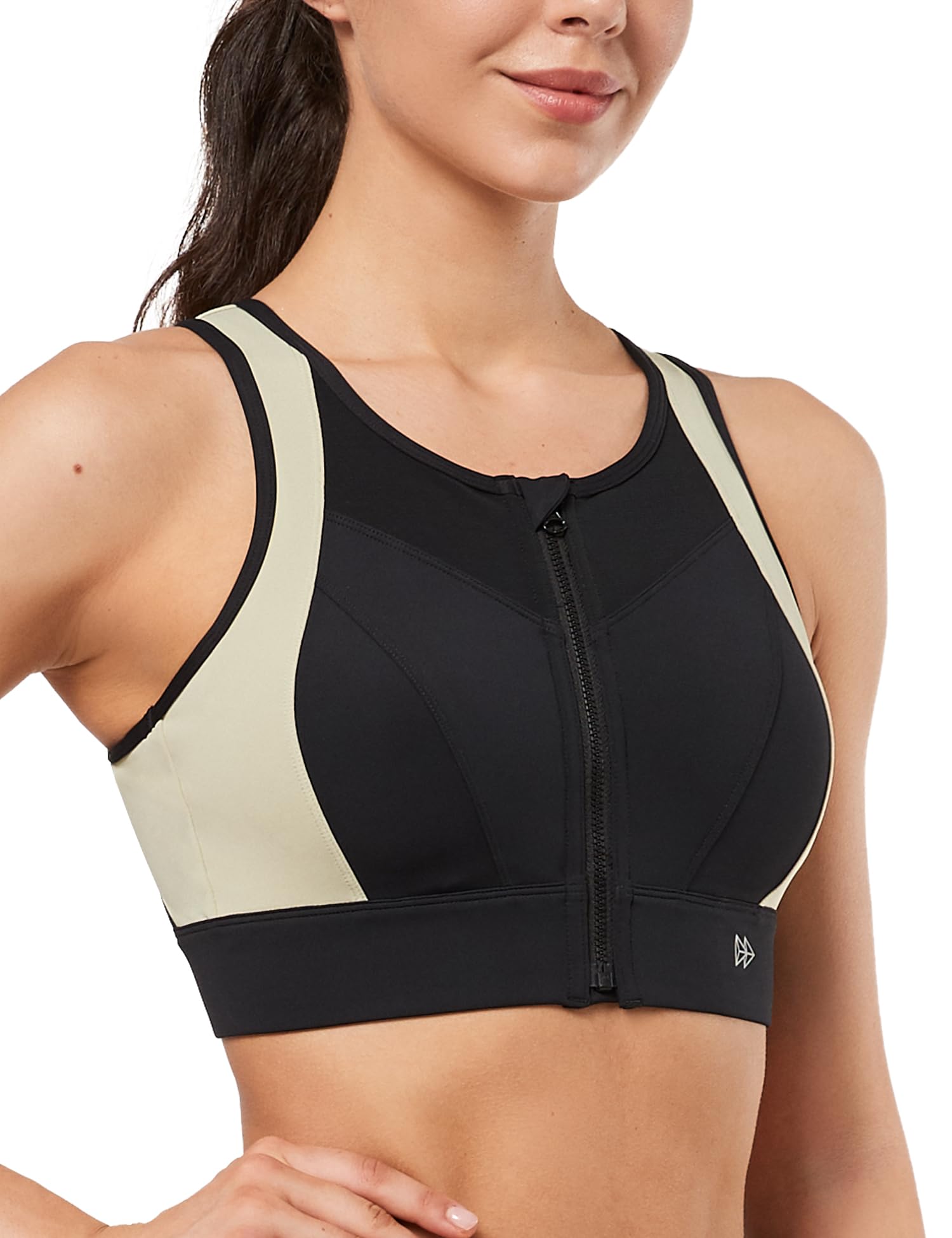 【送料無料】イベット スポーツブラ 揺れない 脇高 前開き 速乾 大きいサイズ ハイサポート 一体型カップ ファスナー メッシュ レディース スポーツブラジャー トレーニング ジム スポブラ 色：ブラック、サイズ：XL Plus