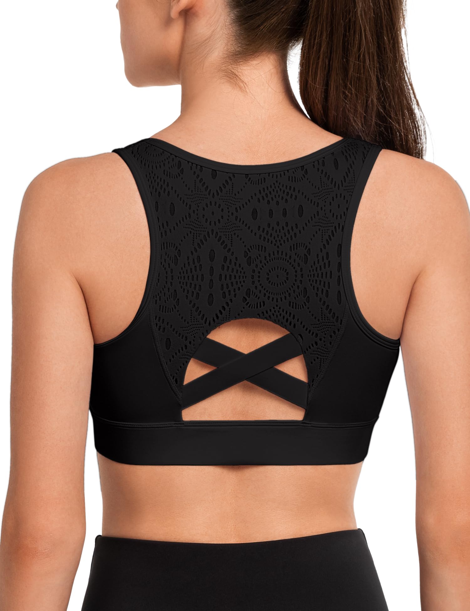 【送料無料】イベット スポーツブラ 揺れない レディース 前開き ハイサポート レースメッシュ 吸湿速..