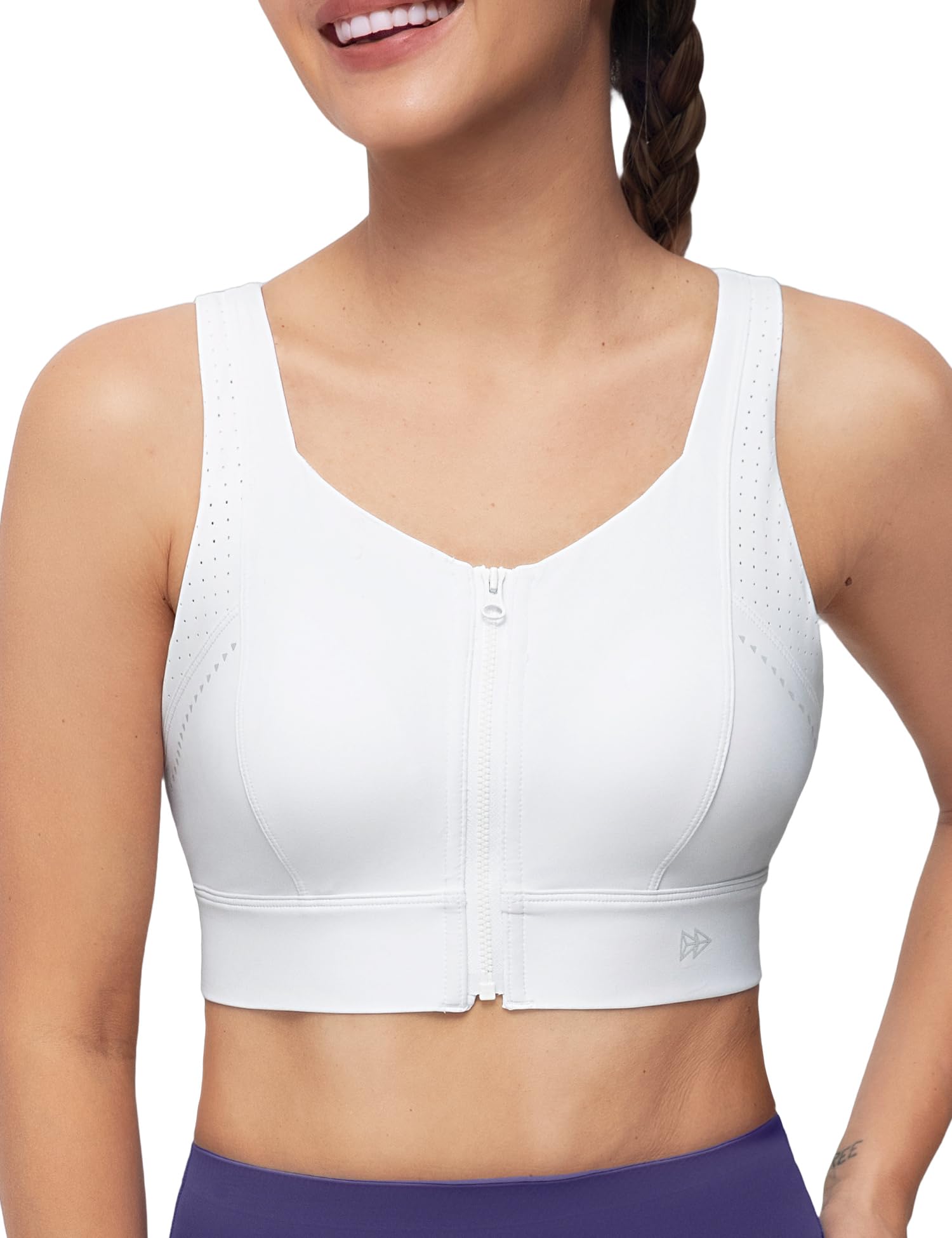 【送料無料】イベット スポーツブラ 揺れない レディース 前開き 大きいサイズ ハイサポート 一体型カップ 調整でき 吸汗速乾 メッシュ プリント ランニング ジム スポブラ 色：ホワイト、サイズ：XL Plus