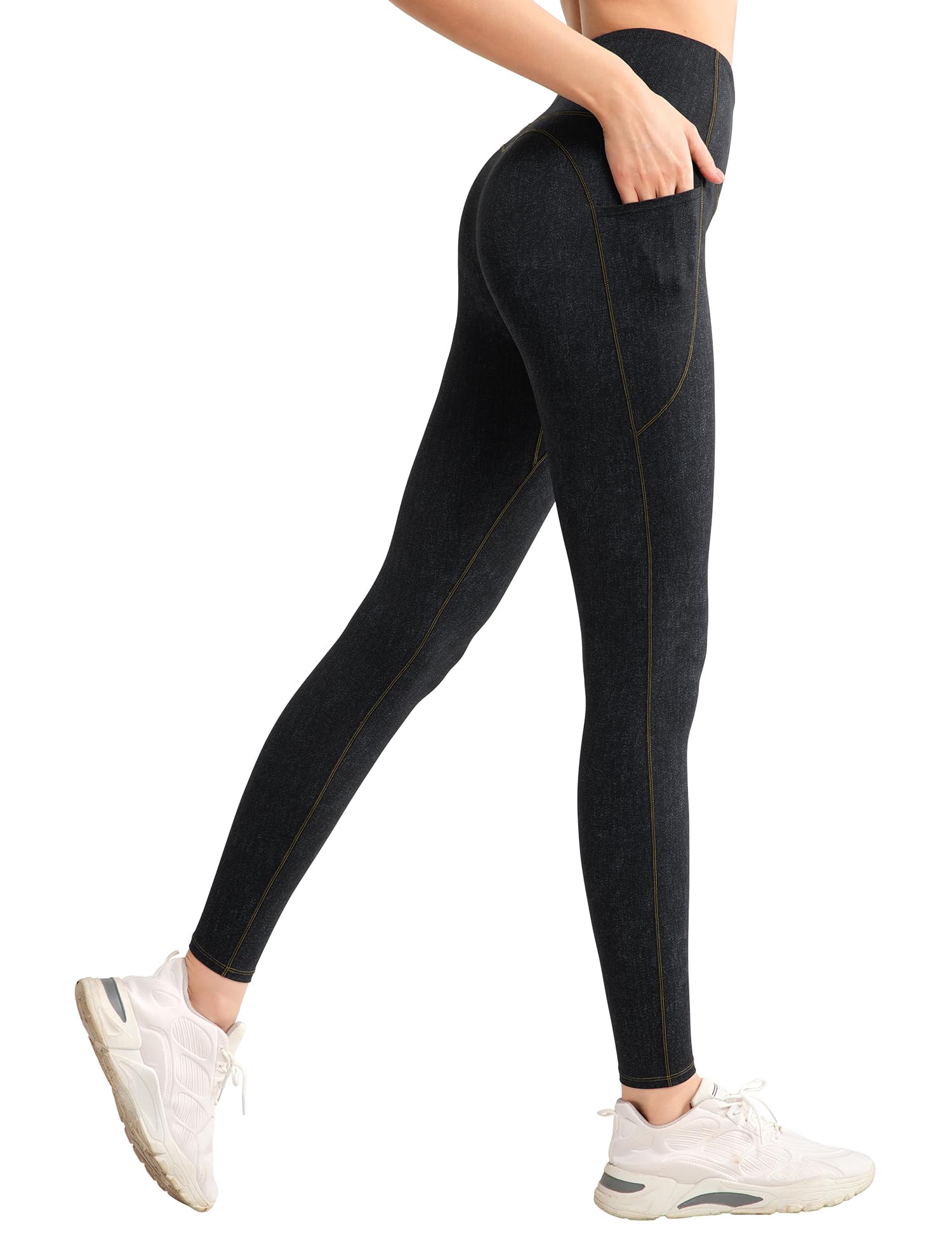 【送料無料】[Yvette] イベット ヨガパンツ レディース ハイウエスト ポケット付き デニムプリント カバー 着圧 大きいサイズ 9分丈 ヨガ ランニング ジム スポーツタイツ レギンス 色：ブラック、サイズ：S