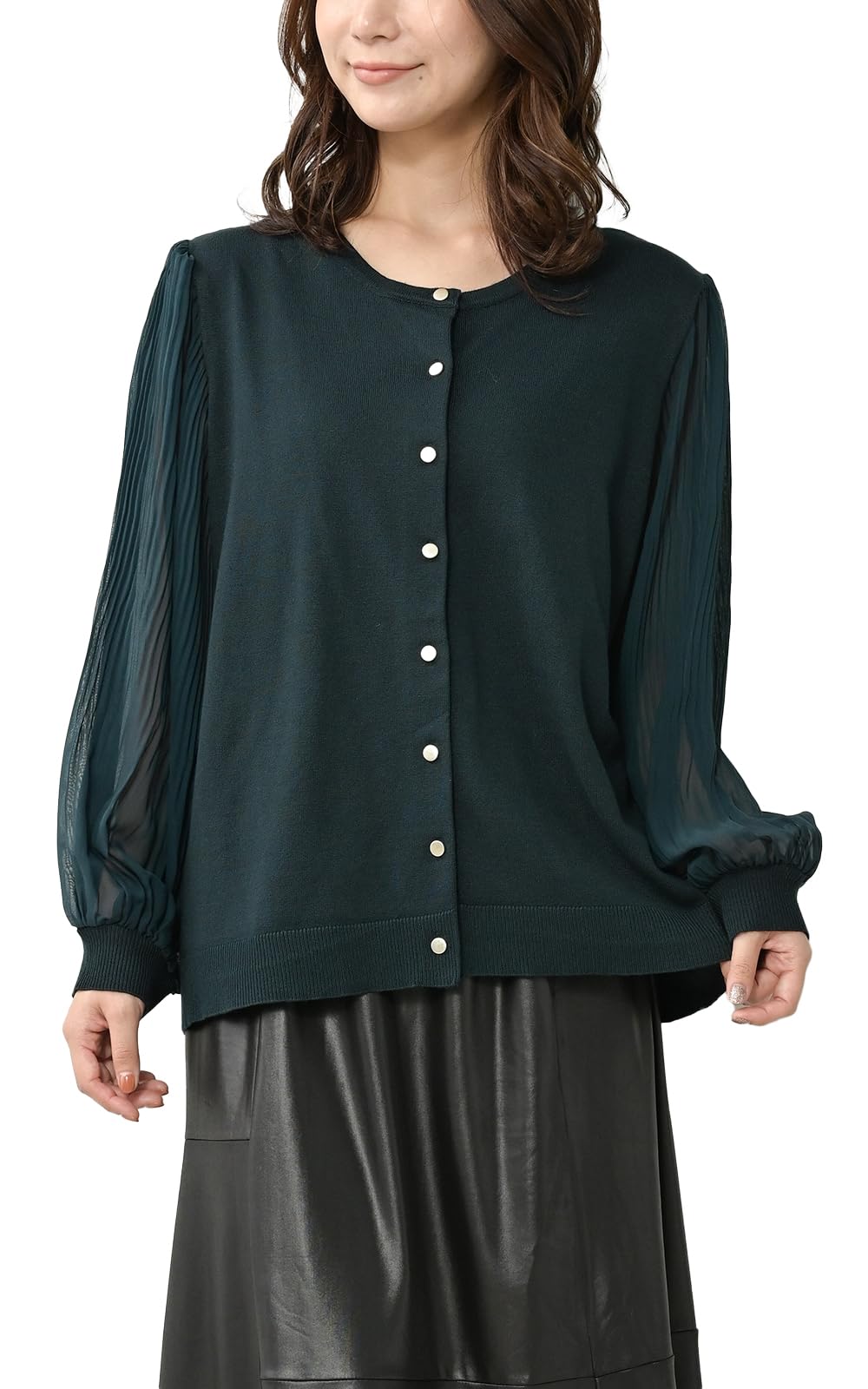 【送料無料】[JANJAM] きいサイズ レディース プリーツ袖カーディガン 長袖 異素材切り替え 前開きボタ..