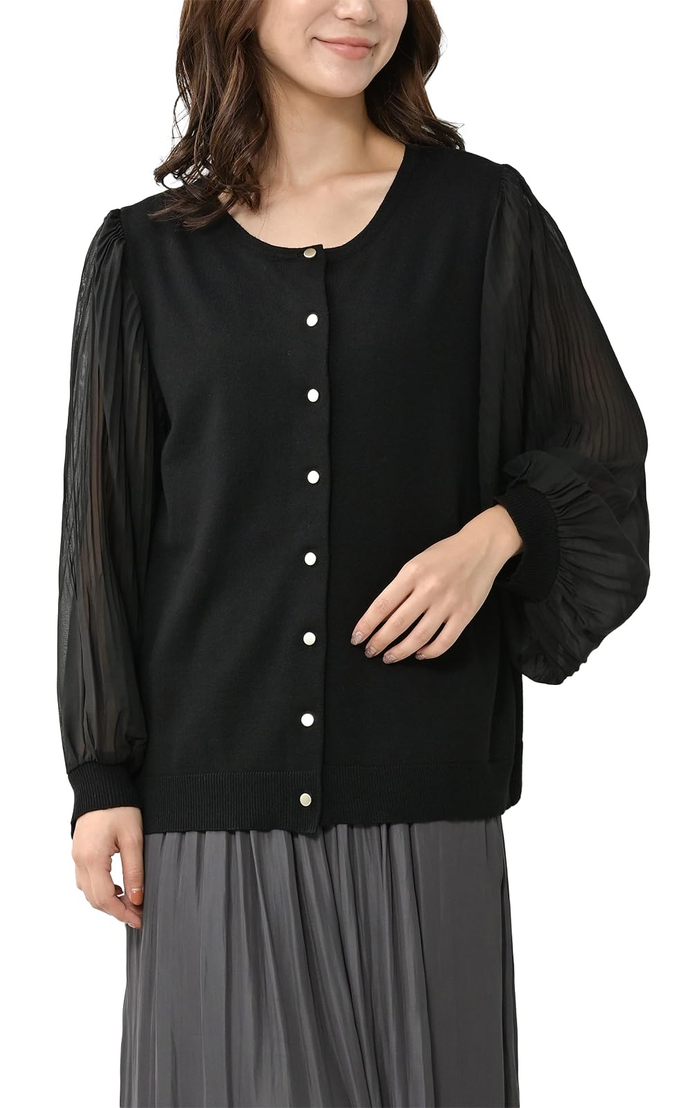 【送料無料】[JANJAM] きいサイズ レディース プリーツ袖カーディガン 長袖 異素材切り替え 前開きボタ..