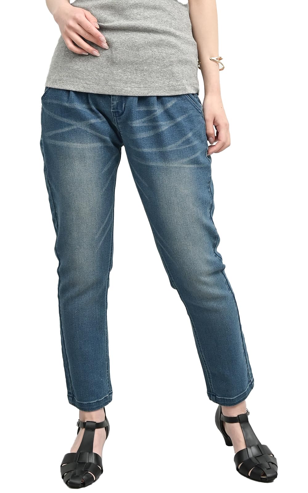 【送料無料】[JANJAM] 大きいサイズ レディース テーパードデニムパンツ 10分丈 ストレッチデニム しわ加工 ボトムス 色：ブルー、サイズ：LL