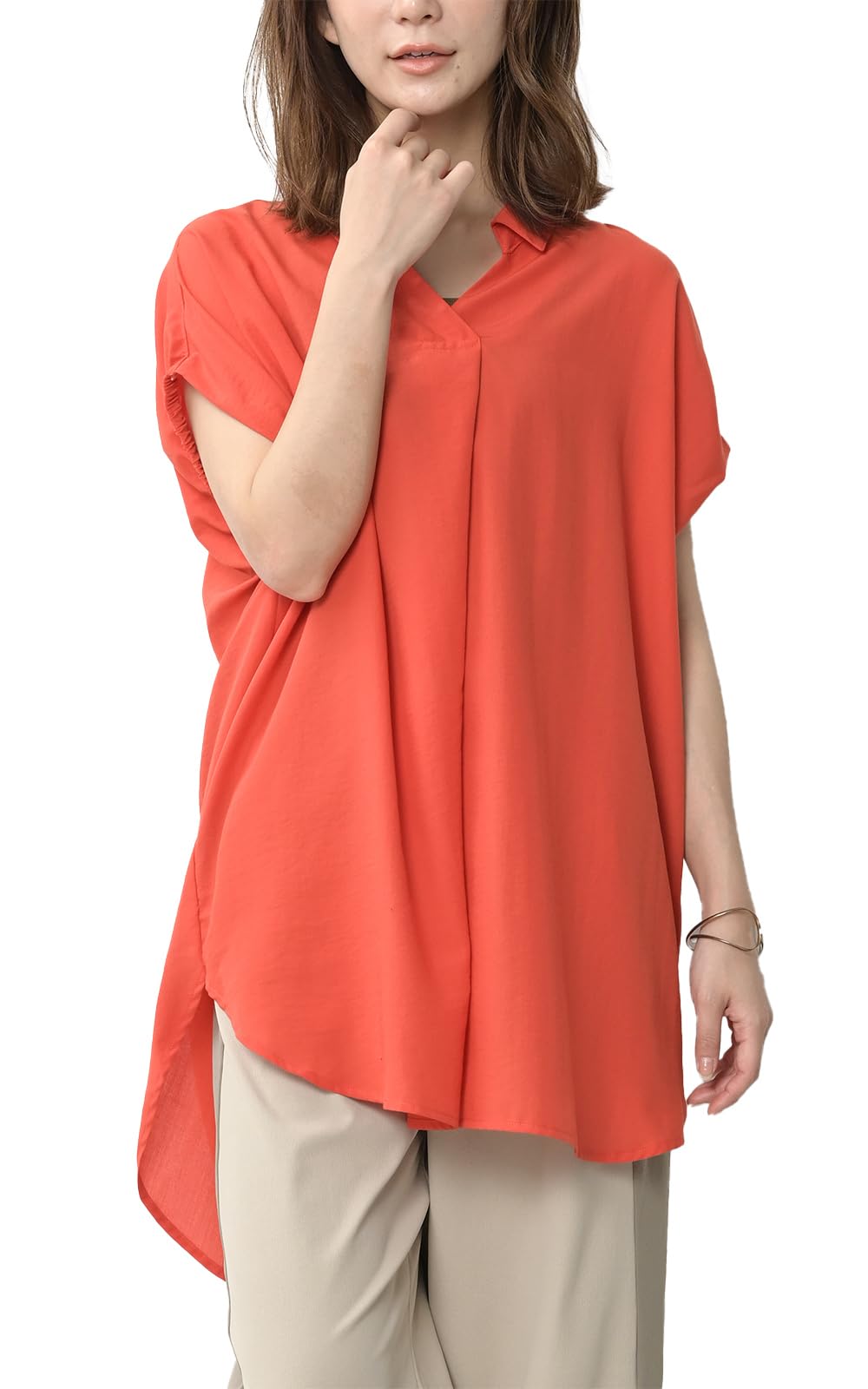 【送料無料】[JANJAM] 大きいサイズ レディース スキッパーブラウス 半袖 袖ゴム ギャザー チュニック ..