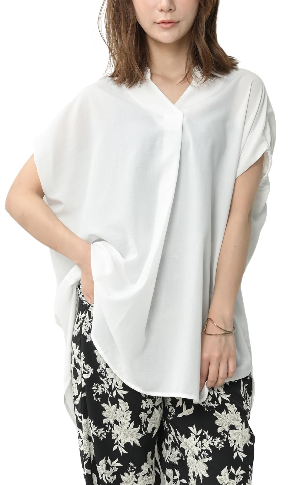 【送料無料】[JANJAM] 大きいサイズ レディース スキッパーブラウス 半袖 袖ゴム ギャザー チュニック ..