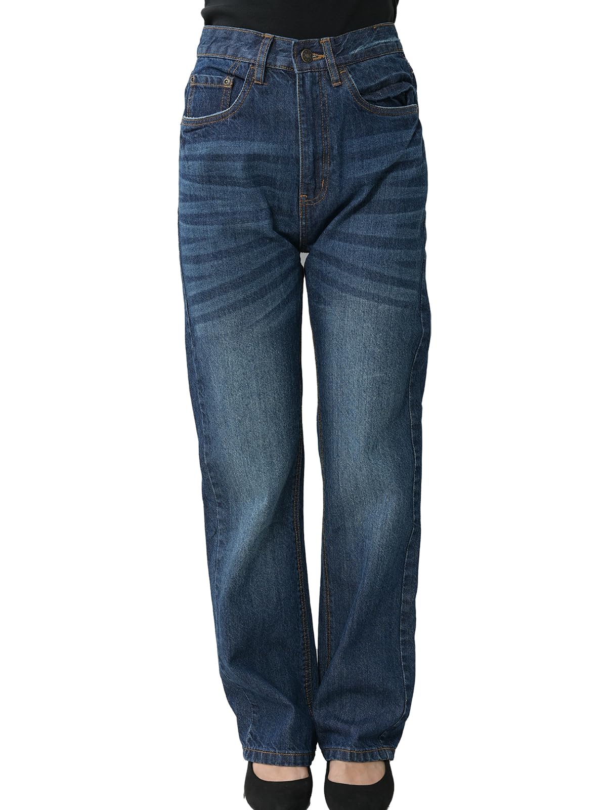 【送料無料】[JANJAM] 大きいサイズ レディース スリムストレートデニム ロング丈 ヴィンテージ加工 パンツ ボトムス cotton100 色：ネイビー、サイズ：4L