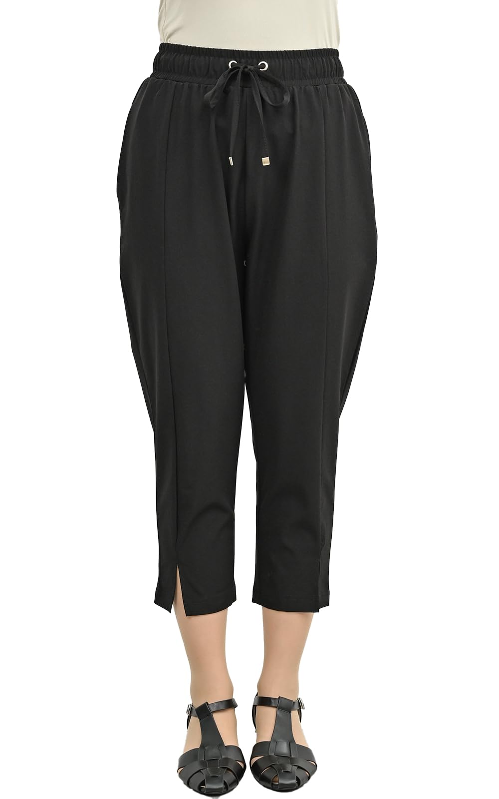 【送料無料】[JANJAM] 大きいサイズ レディース クロップドパンツ ウエストゴム 7分丈 スリット ボトムス 色：ブラック、サイズ：LL