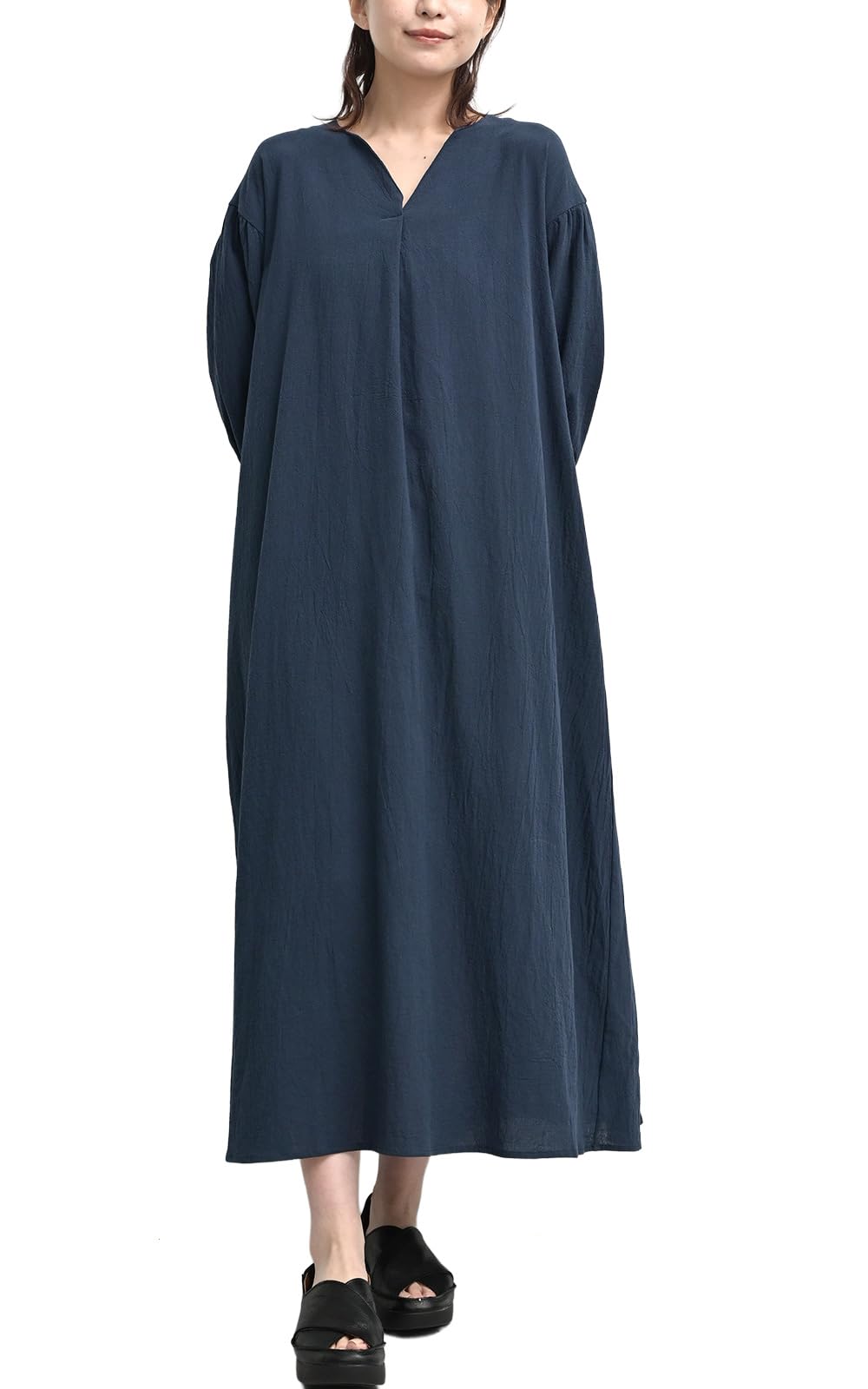 【送料無料】[JANJAM] 大きいサイズ レディース カフタン風ワンピース ロング丈 7分袖 キーネック パフスリーブ cotton100 色：ネイビー、サイズ：4L-5L