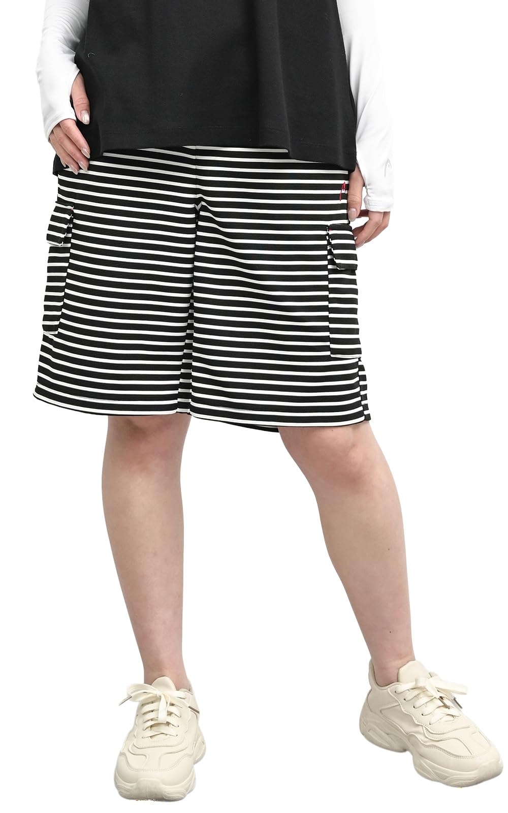 【送料無料】[JANJAM] 大きいサイズ レディース カーゴハーフパンツ ミドル丈 ウエストゴム UVカット 速乾 耐塩素 ボトムス 色：ブラック/ホワイト、サイズ：5L