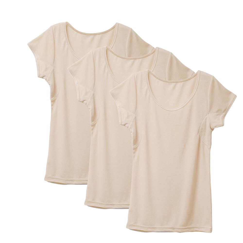 【送料無料】[白鷺ニット] 素肌ドライ 汗取りインナー レディース フレンチ袖 脇汗パッド付き 吸汗速乾 綿混 薄手 肌着 S5022B-RT 色：ベージュ3枚セット、サイズ：4L