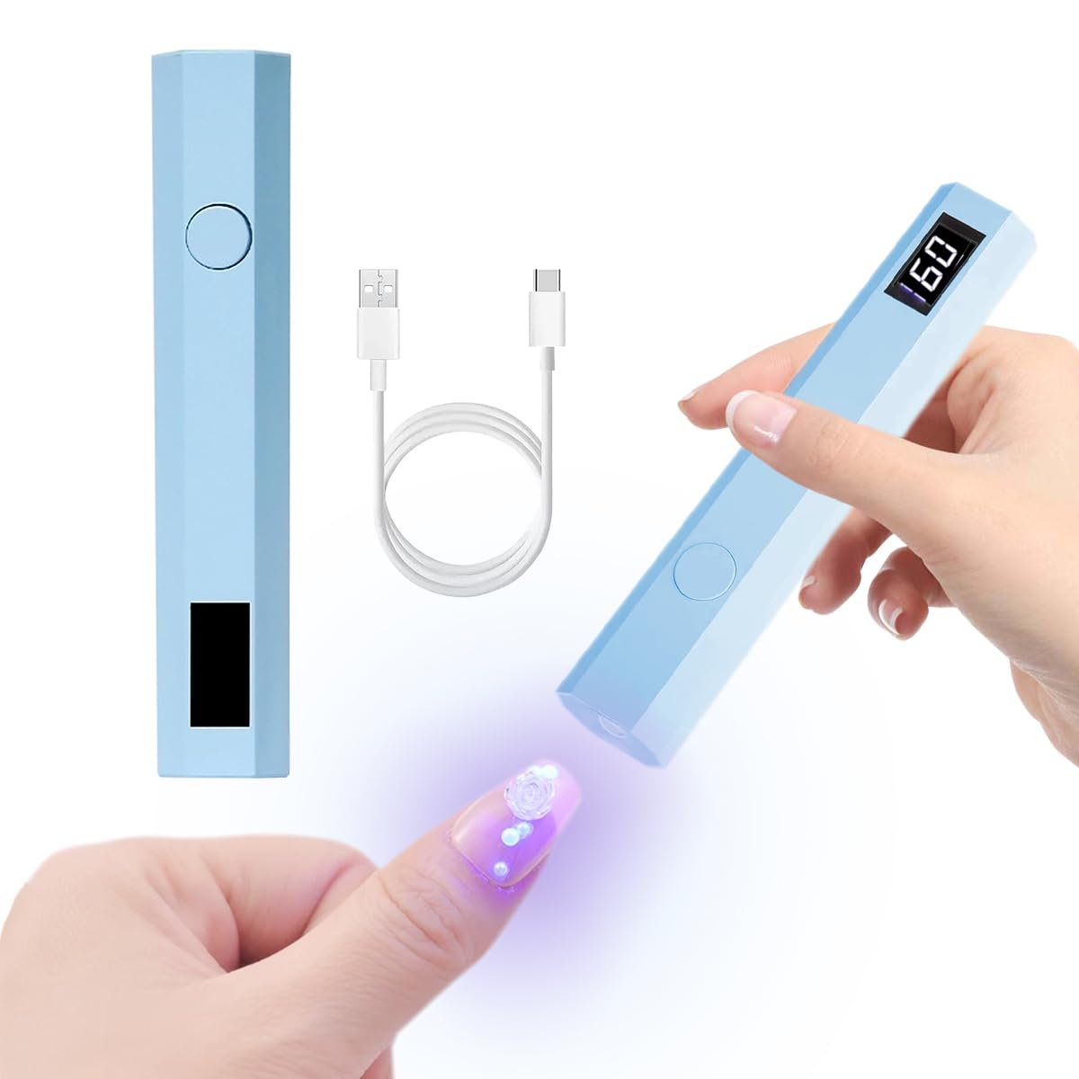 【送料無料】UrbanPulse ネイルライト ペン型 ジェルネイル ライト LEDディスプレイ uvライト レジン用 硬化ライト 速乾 2階段タイマー USB充電式 Type-C充電ポート 色：ブルー