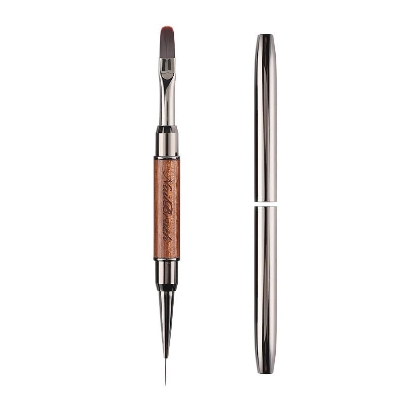 【送料無料】ジェルネイル用 ダブルヘッド多機能ブラシ, 木製ハンドル, ネイルアート用ストライピング&ラウンドチップ, キャップ付き QT-184 色:ロングオ...